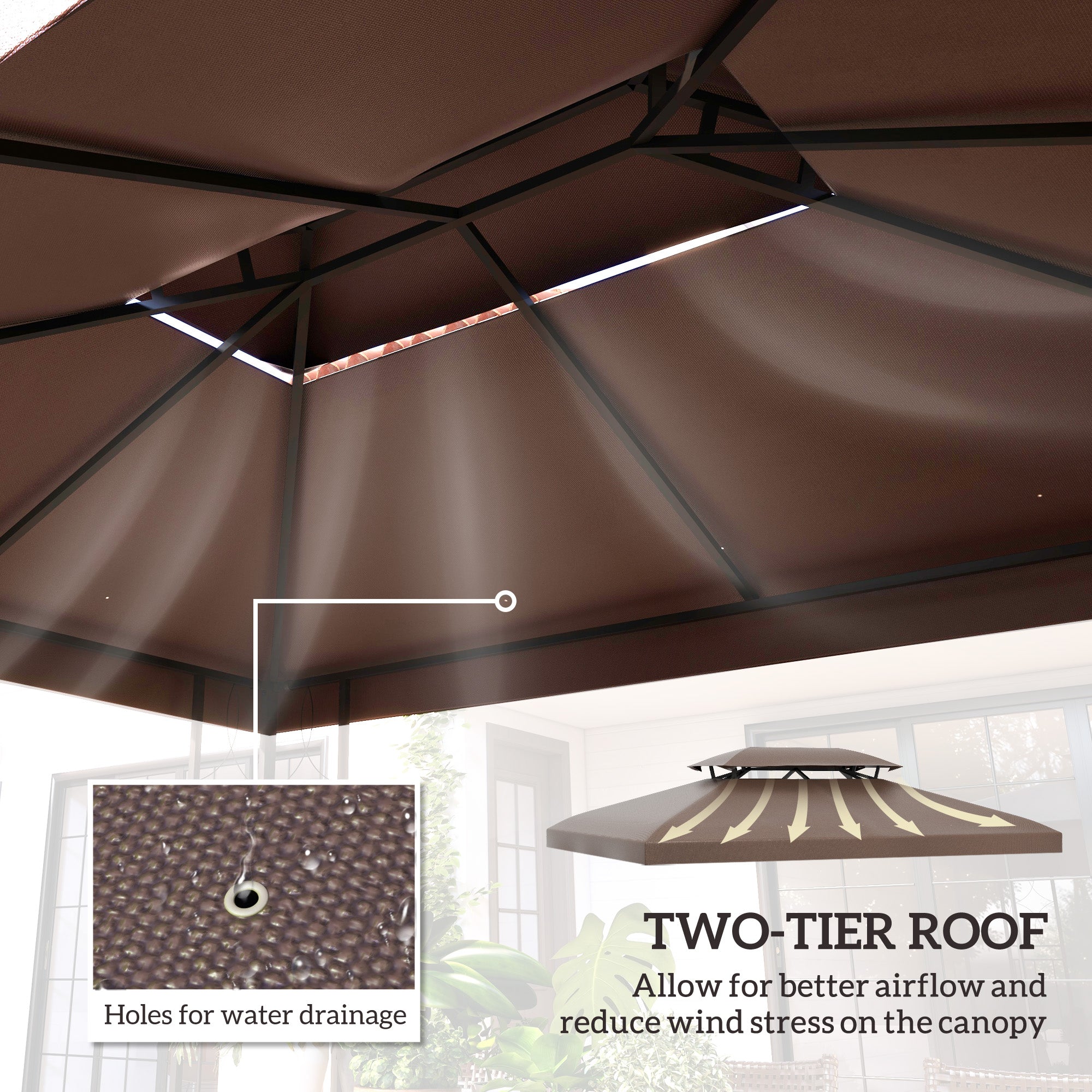 Outsunny Gazebo Replacement Canopy Top 13' x 10' 2 Tier UV Cover for Garden Patio Outdoor Brown TOP ONLY