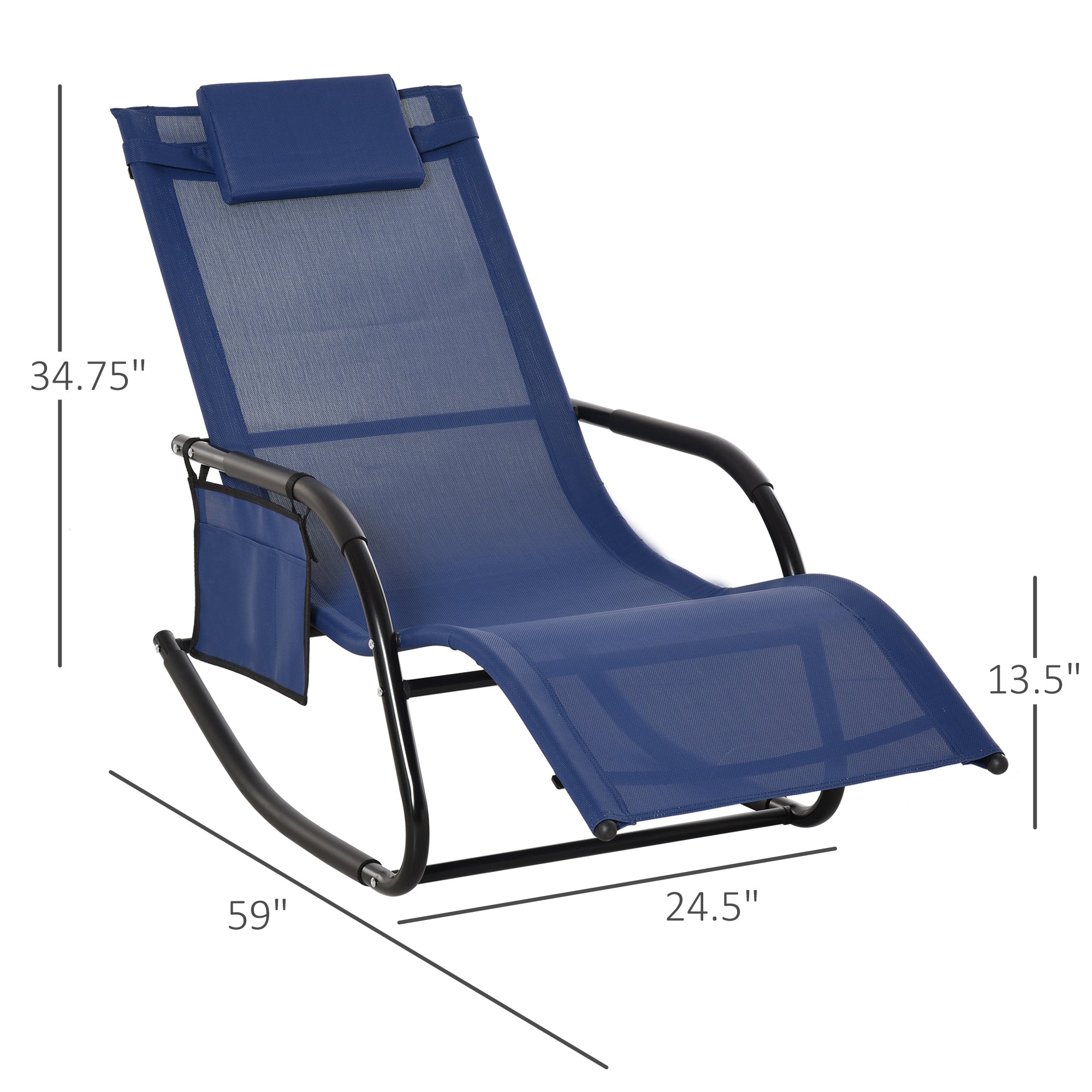 Outsunny Outdoor Rocking Recliner, Sling Sun Lounger with Removable Headrest and Side Pocket for Garden, Patio and Deck, Blue