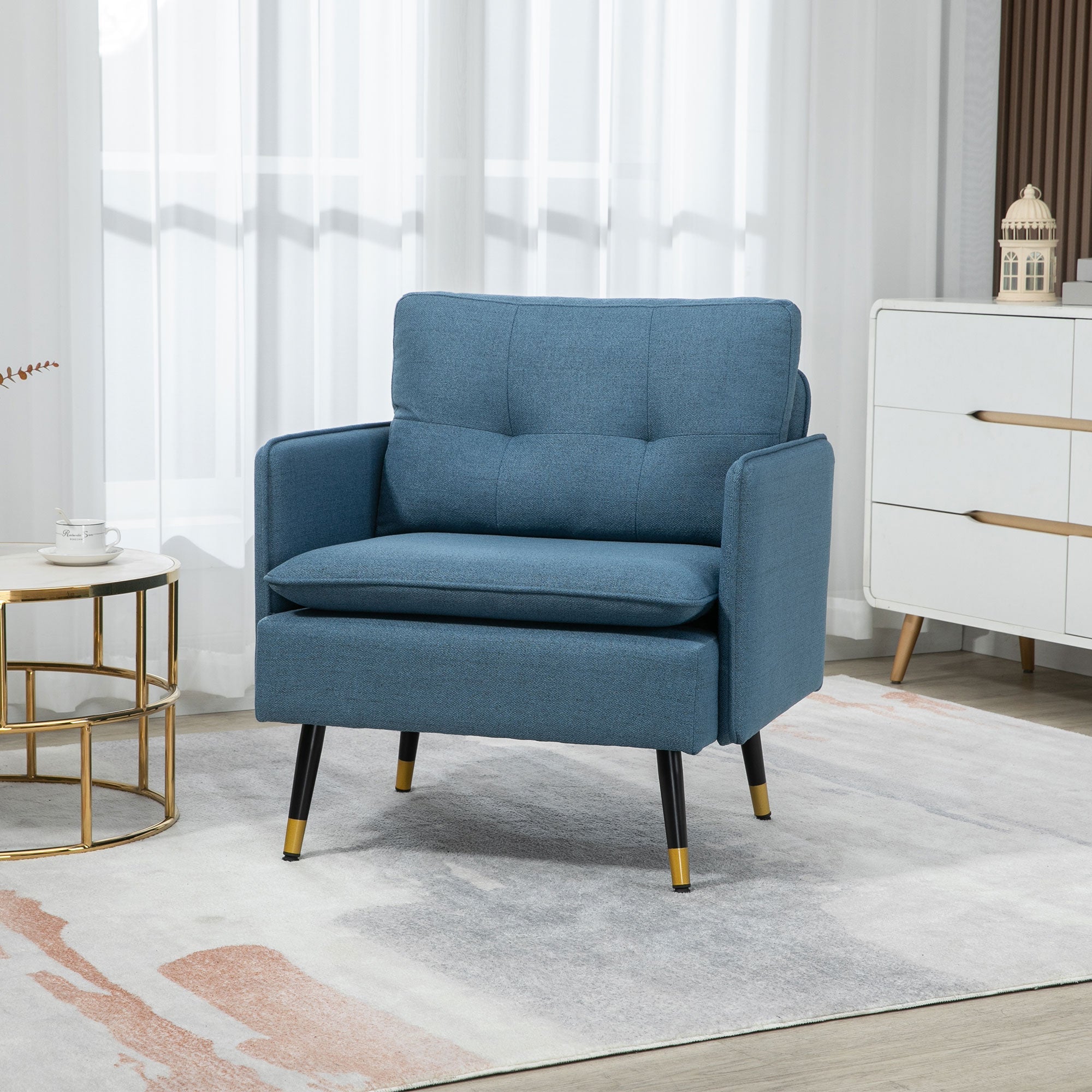 HOMCOM Button-Tufted Fabric Accent Chair: Cushioned Comfort with Elegant Armrests, Azure Blue