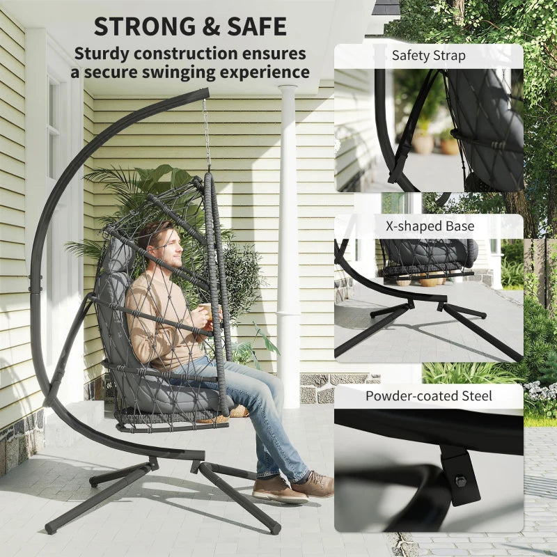 Hanging Egg Chair with Stand, Foldable Wicker Rattan Swing Chair with Thick Cushion, Dust Cover and Safety Rope, Grey