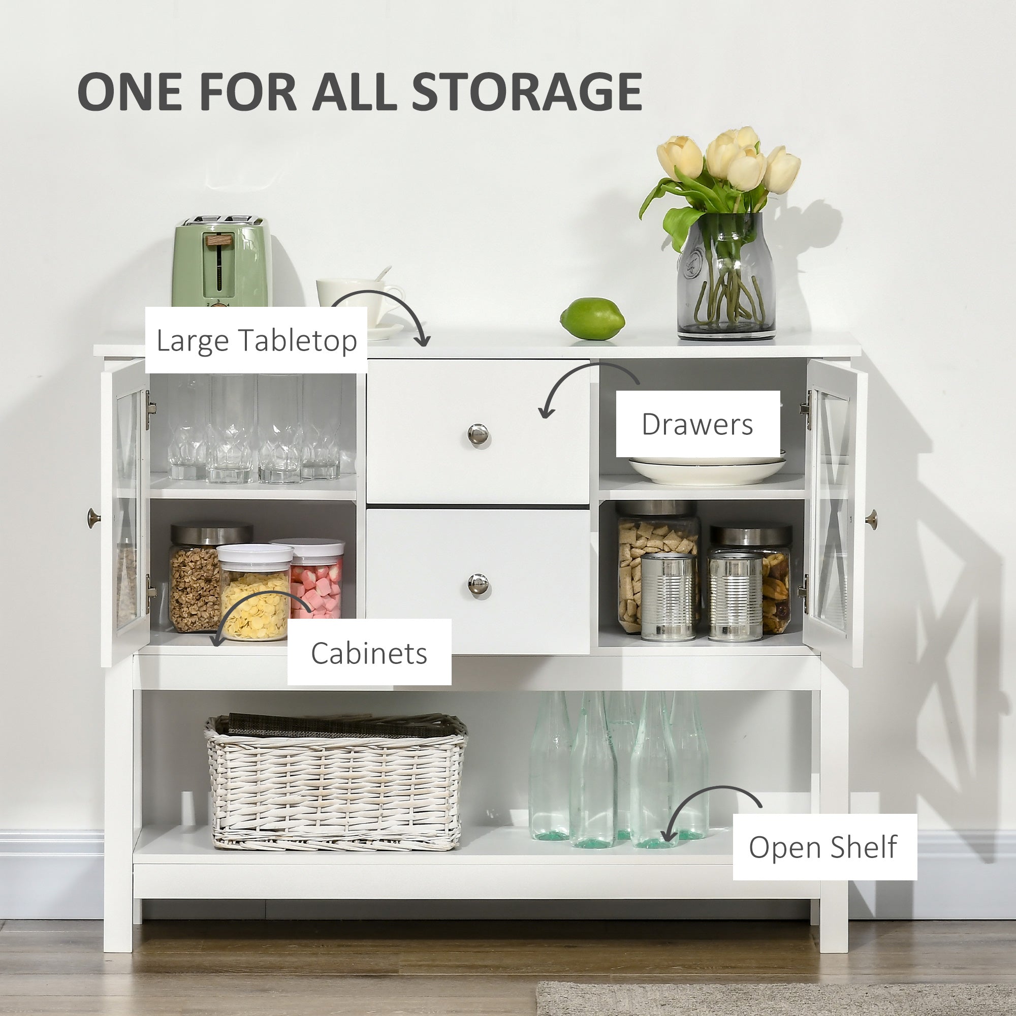 HOMCOM Glass Door Living Room Console: Modern Sideboard, Buffet Bar Cabinet with Storage Drawers and Adjustable Shelves