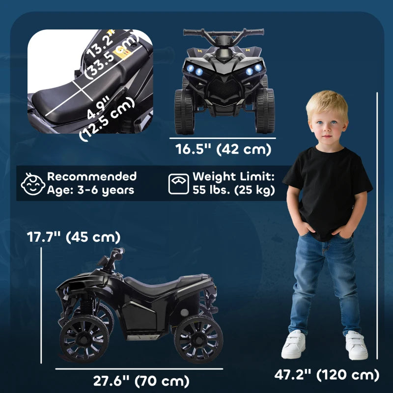 Qaba 6V Kids ATV, 4 Wheeler Electric Ride on Car with Music and LED Headlights, for Ages 37-72 Months Boys and Girls, Black