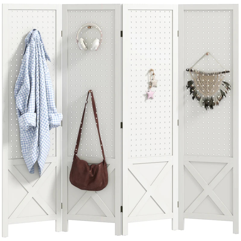 56.9" 4 Panel Wooden Room Divider with Pegboard Display, Folding Privacy Screen for Home Office, White