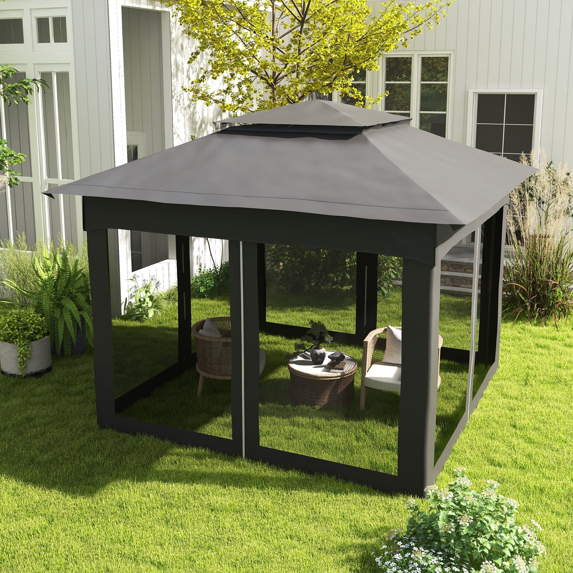 Outsunny Pop Up Canopy 11'x11', 2-Tier Soft Top, Event Tent with Netting, Dark Grey for Patio Garden