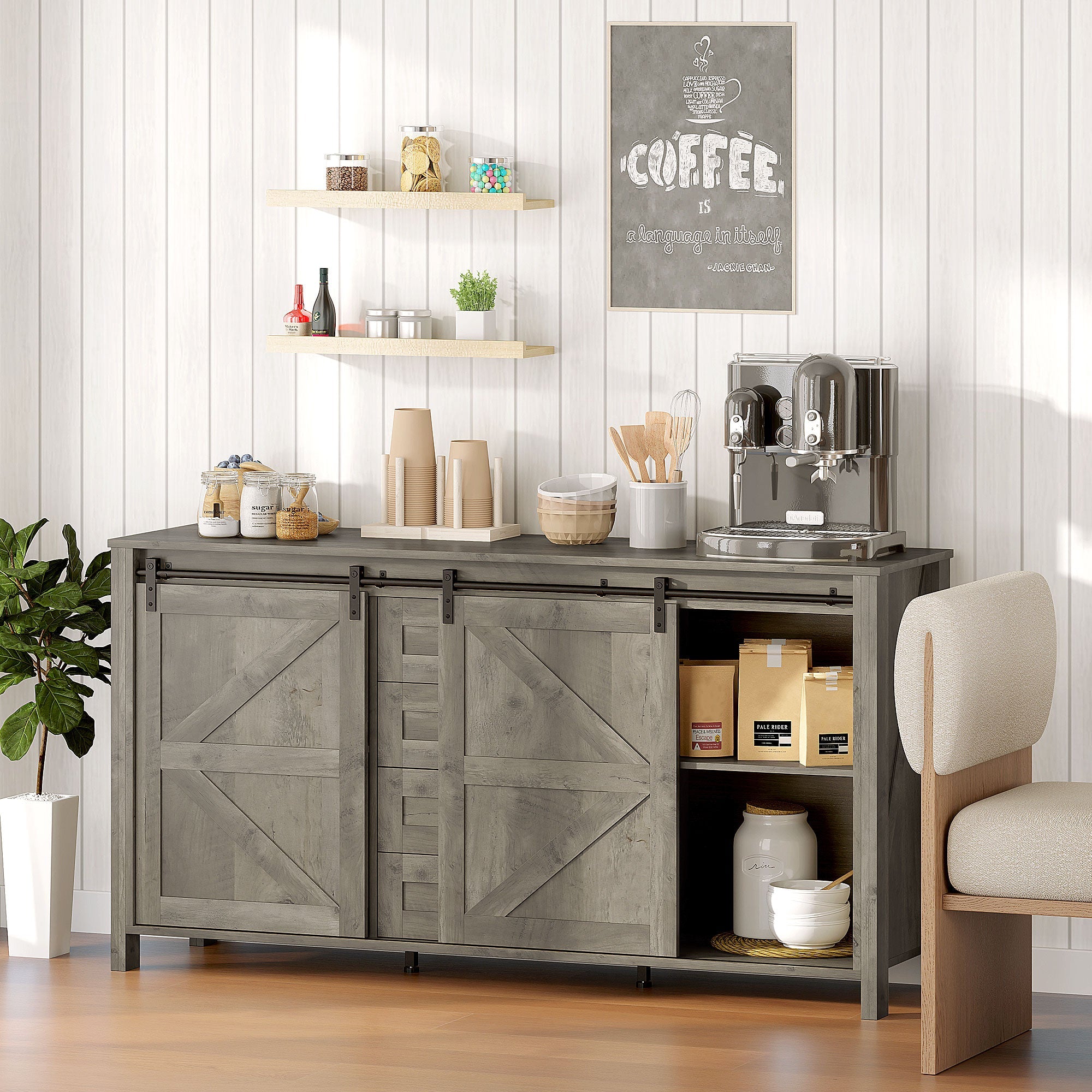 HOMCOM 60" Buffet Cabinet, Farmhouse Sideboard with Sliding Barn Doors, Drawers and Adjustable Shelves, Distressed Light Grey