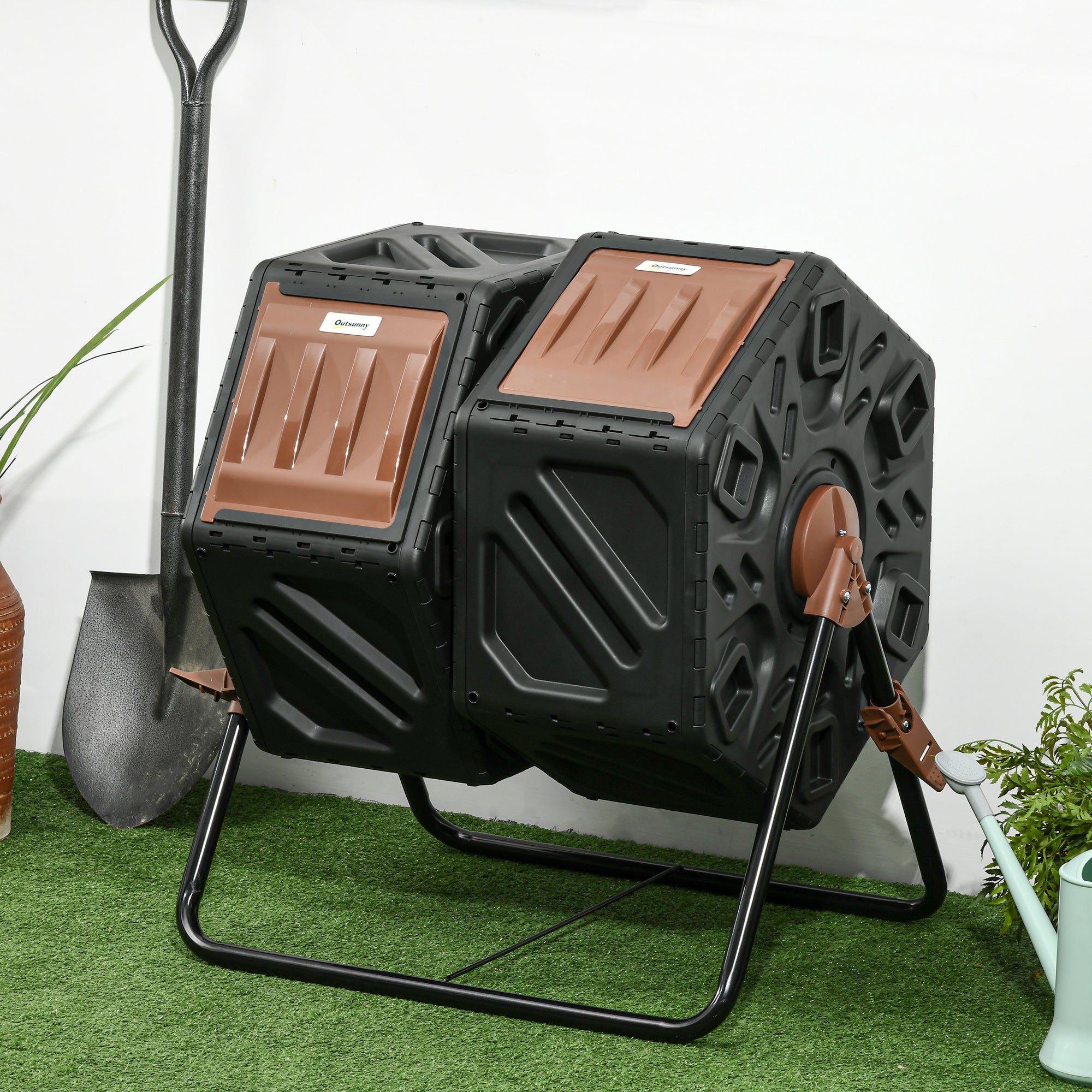 Outsunny Dual Chamber Compost Bin Rotating Composter with 24 Vents Steel Legs for Efficient Composting 34.5 Gallon