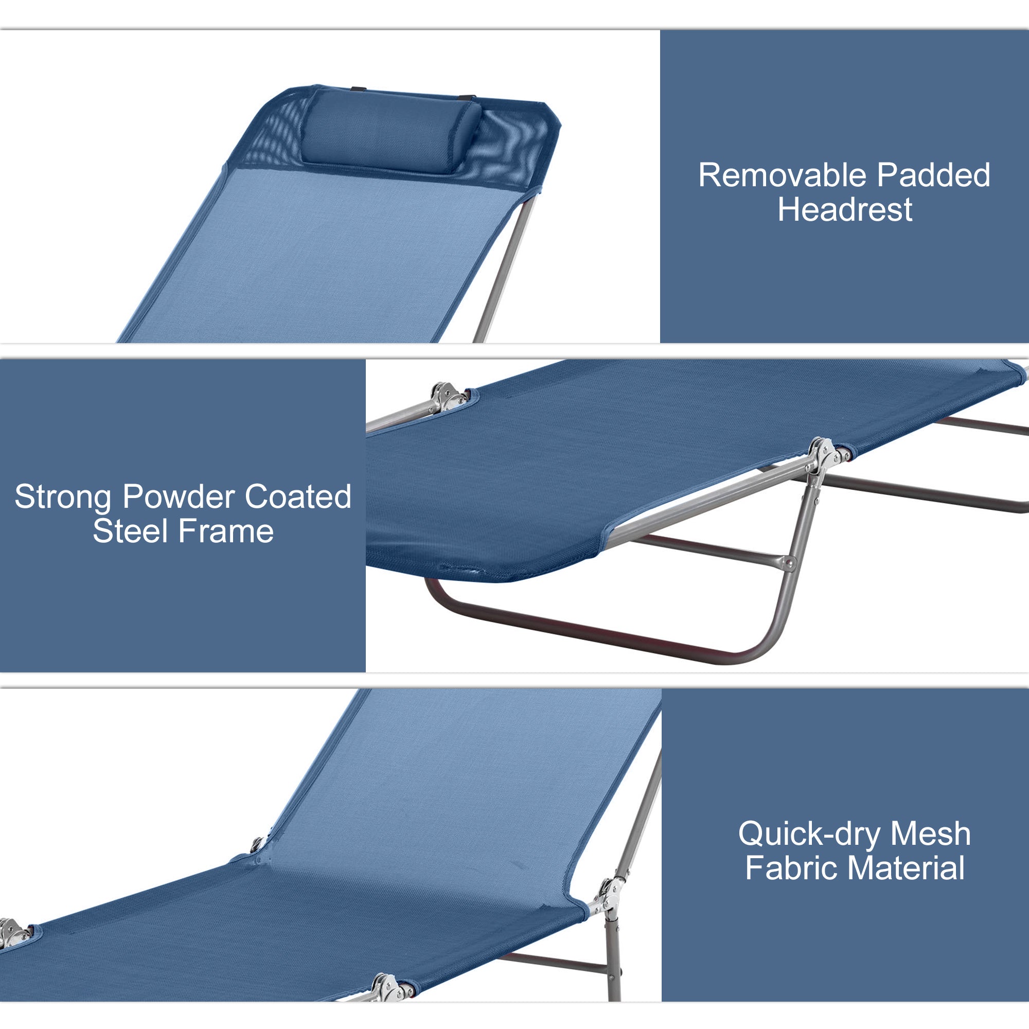 Outsunny Outdoor Lounge Chair, Portable Adjustable Reclining Seat Folding Chaise Lounge Patio Camping Beach Tanning Chair Bed with Pillow, Dark Blue