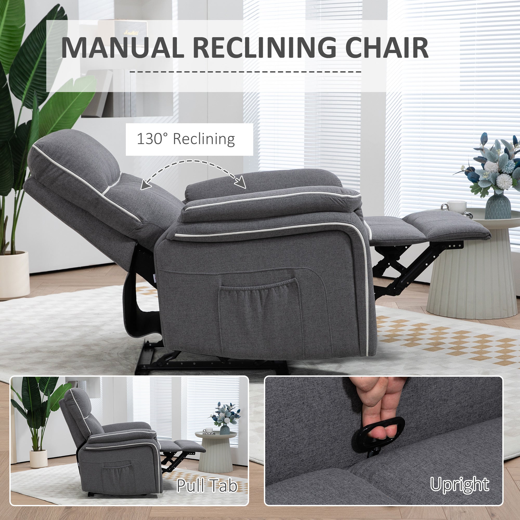 HOMCOM Fabric Reclining Chair, Manual Recliner Chair for Living Room with Footrest, 2 Side Pockets, Steel Frame, Dark Grey