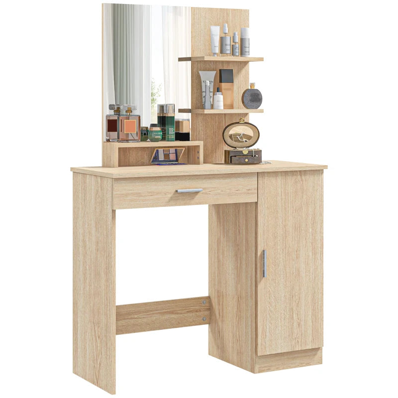 Vanity Desk with Mirror, Makeup Vanity w/ Drawer, Open Compartment and Shelves, Cabinet, Adjustable Shelves for Bedroom