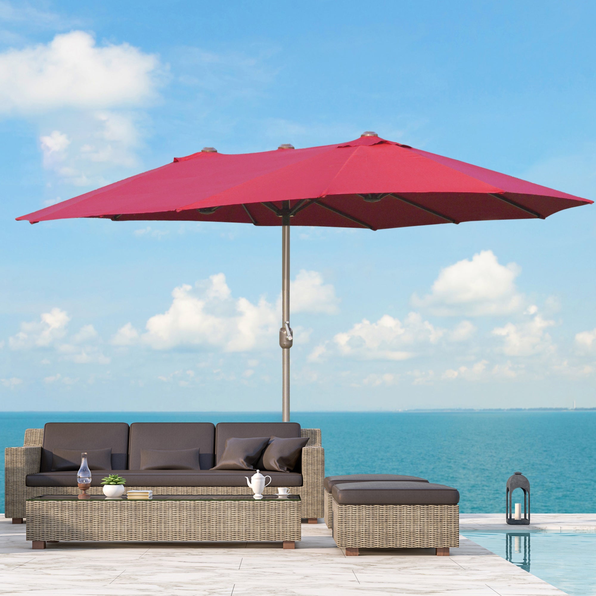 Outsunny 15' Double Canopy Patio Umbrella: Sunshade with Lift Crank, Cross Base & Sandbag, Wine Red