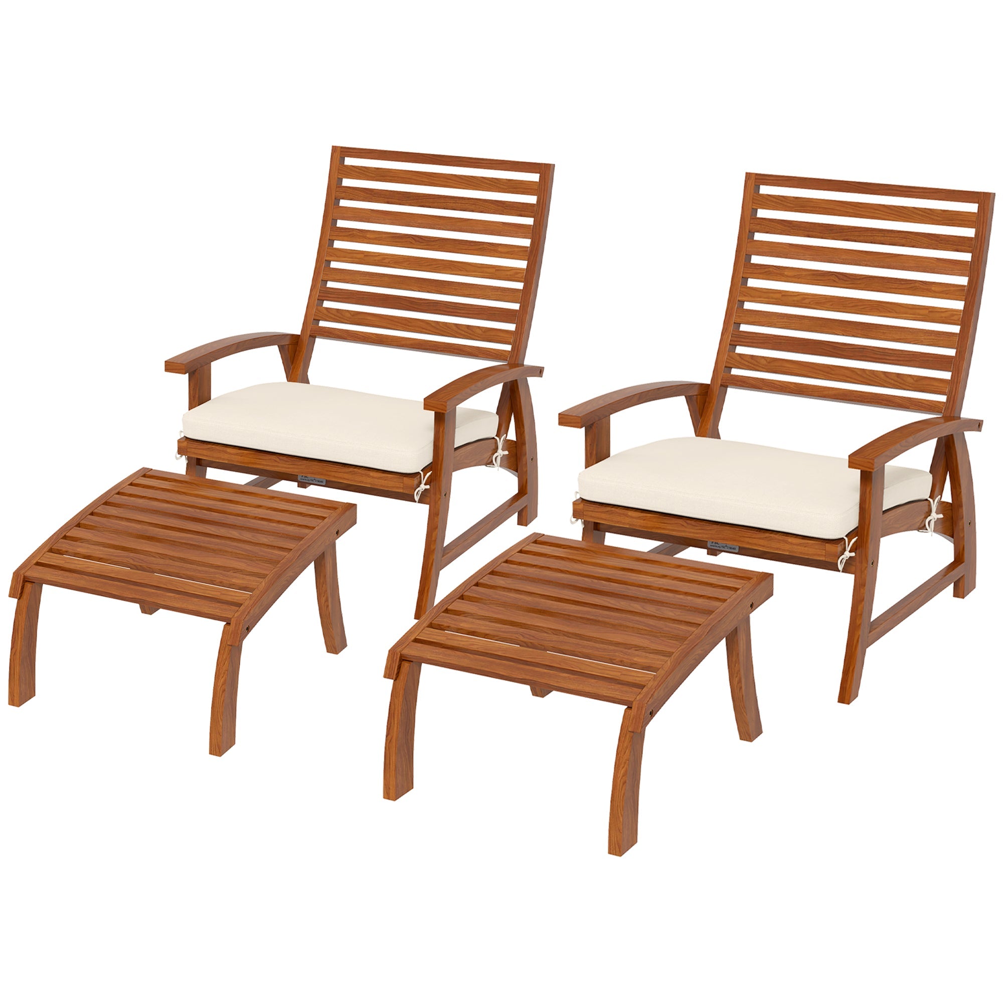 Outsunny 4Pc Cream White Acacia Wood Dining Chairs Set with Footstool for Outdoor Indoor Use