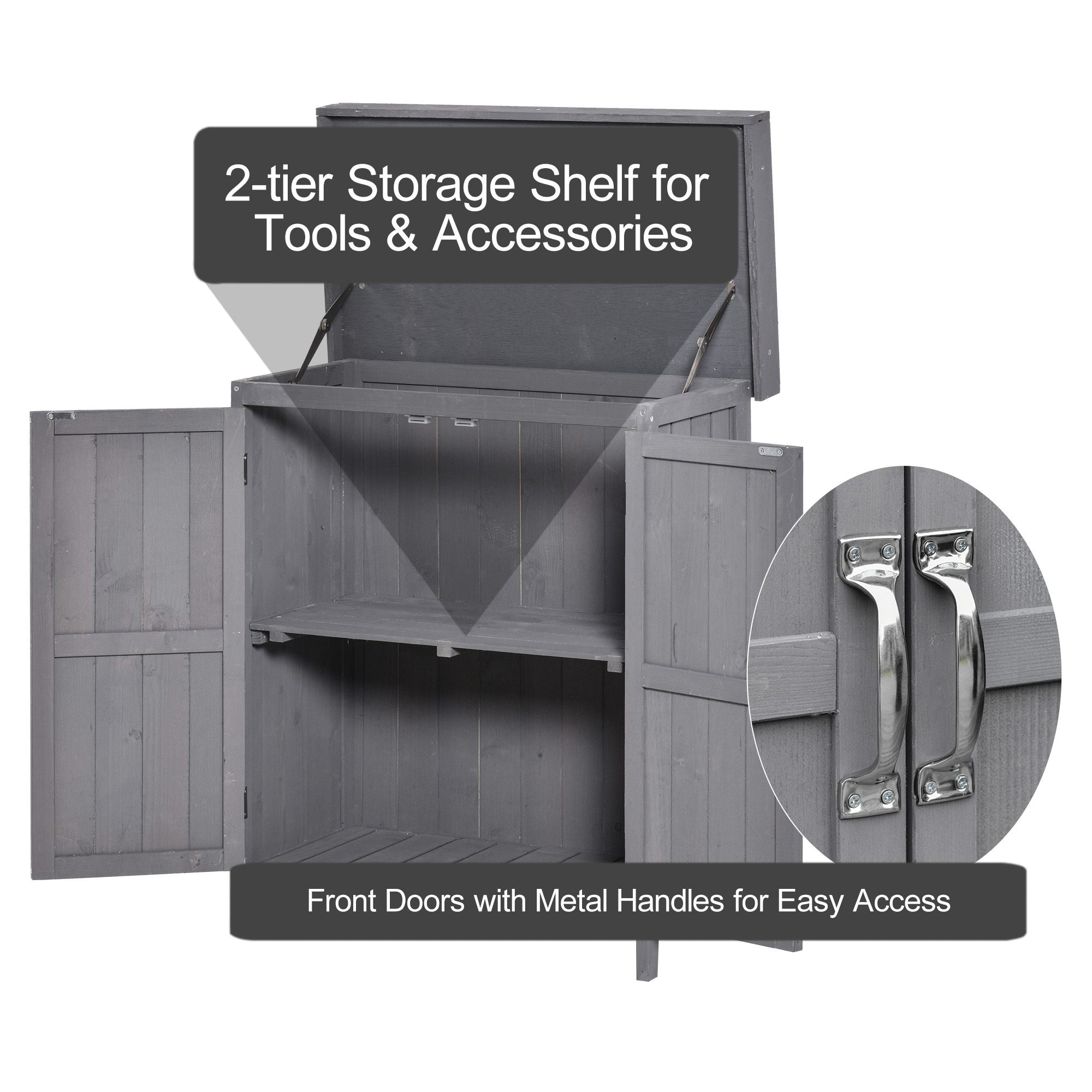 Outsunny Garden Tool Storage Shed Wooden Kit Hinged Roof 2-Tier Shelves Double Doors Dark Grey