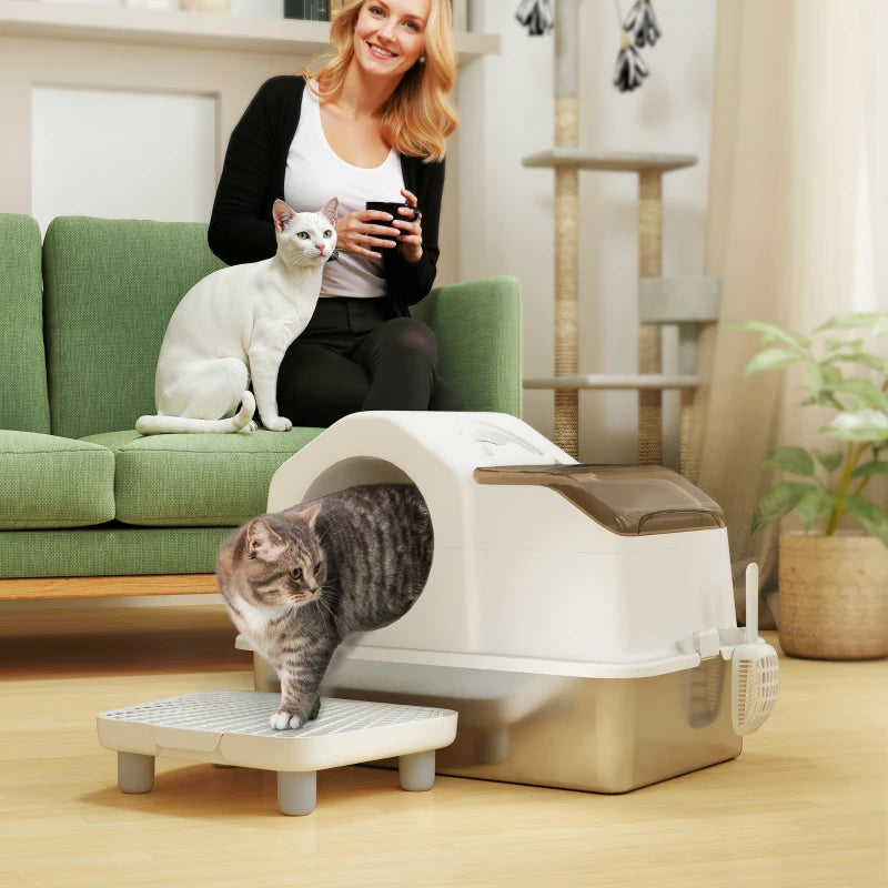 Extra Large Stainless Steel Cat Litter Box w/ High Sided, Removable Lid, Mats, Scoop, Odor Free, Non-Sticky, Leakproof