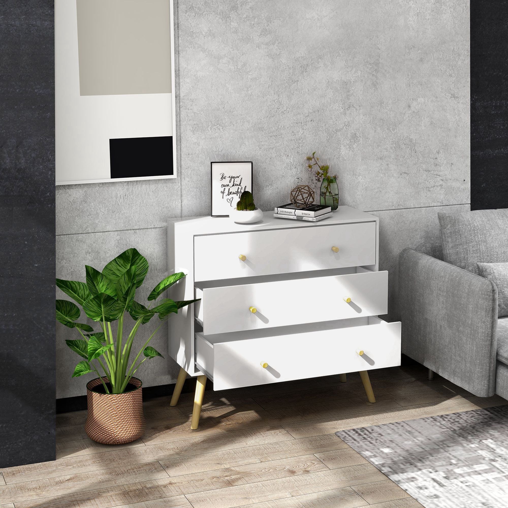 HOMCOM Elegant 3 Drawer Dresser Chest of Drawers with Wood Legs Handles for Living Room White