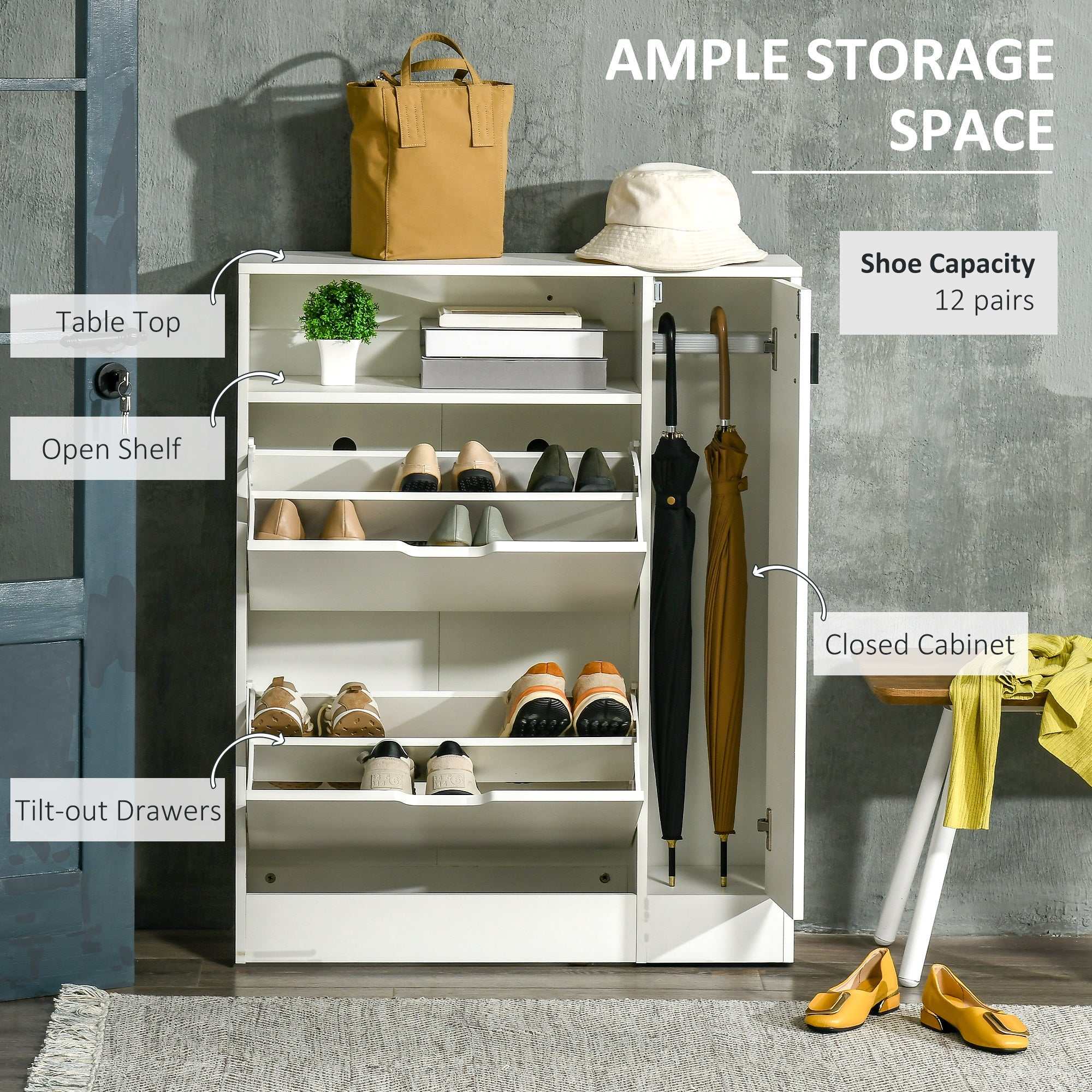 HOMCOM Contemporary Shoe Haven: 12-Pair Storage Cabinet with 2 Flip Drawers, Shelf, Open Umbrella Compartment