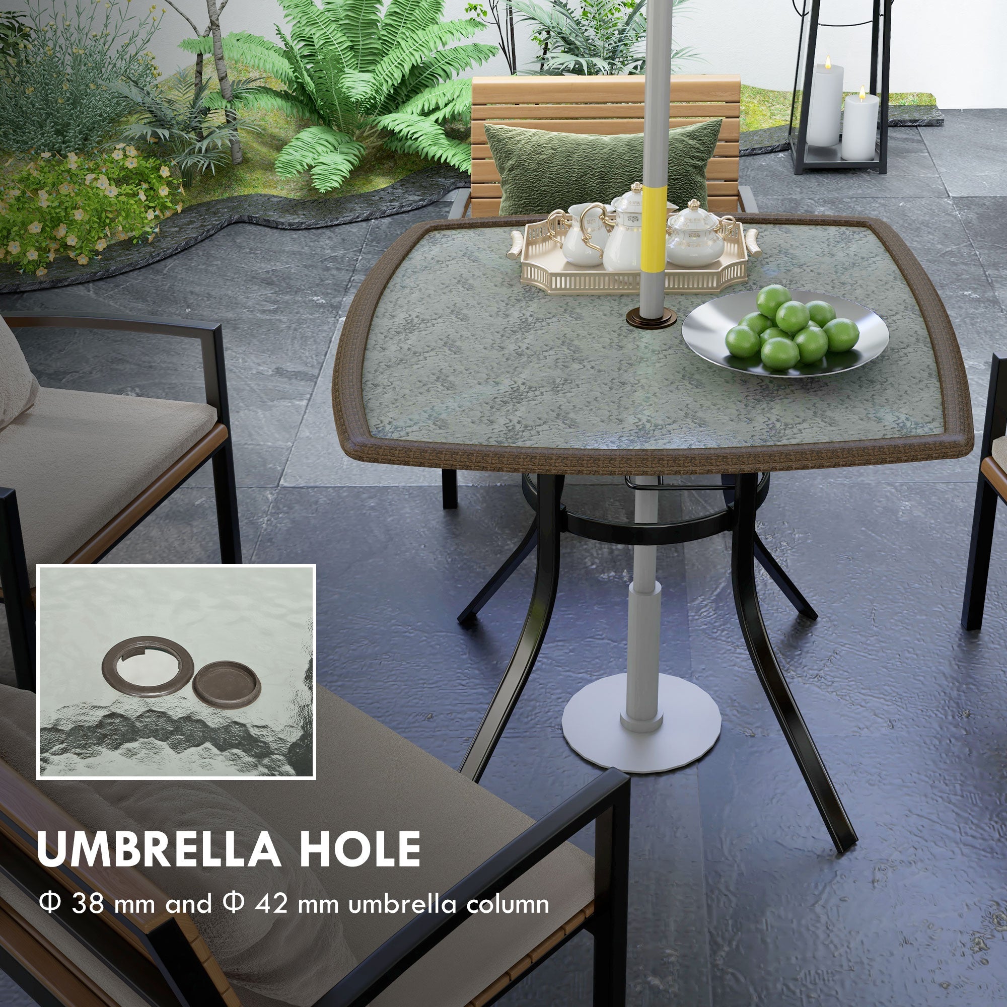 Outsunny Outdoor Oasis: 34" Square Patio Dining Table with Water-Grain Glass Top, Umbrella Hole, Dark Brown Finish