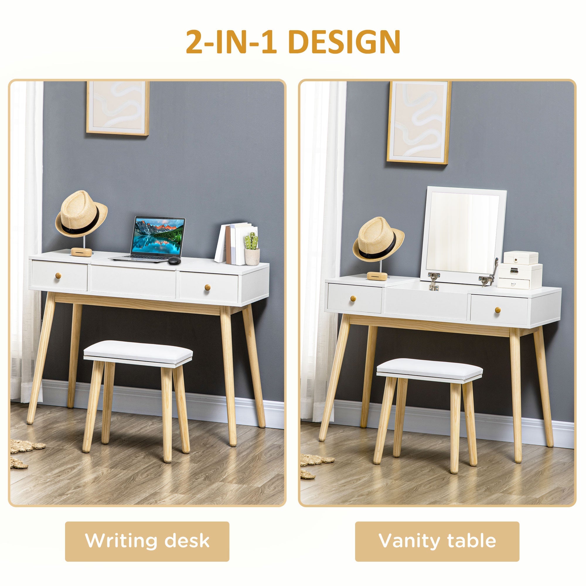 Homcom White Makeup Vanity Dressing Table Mirror With Set Cushioned Stool Makeup Vanity Dressing Desk With 2 Drawers And Storage