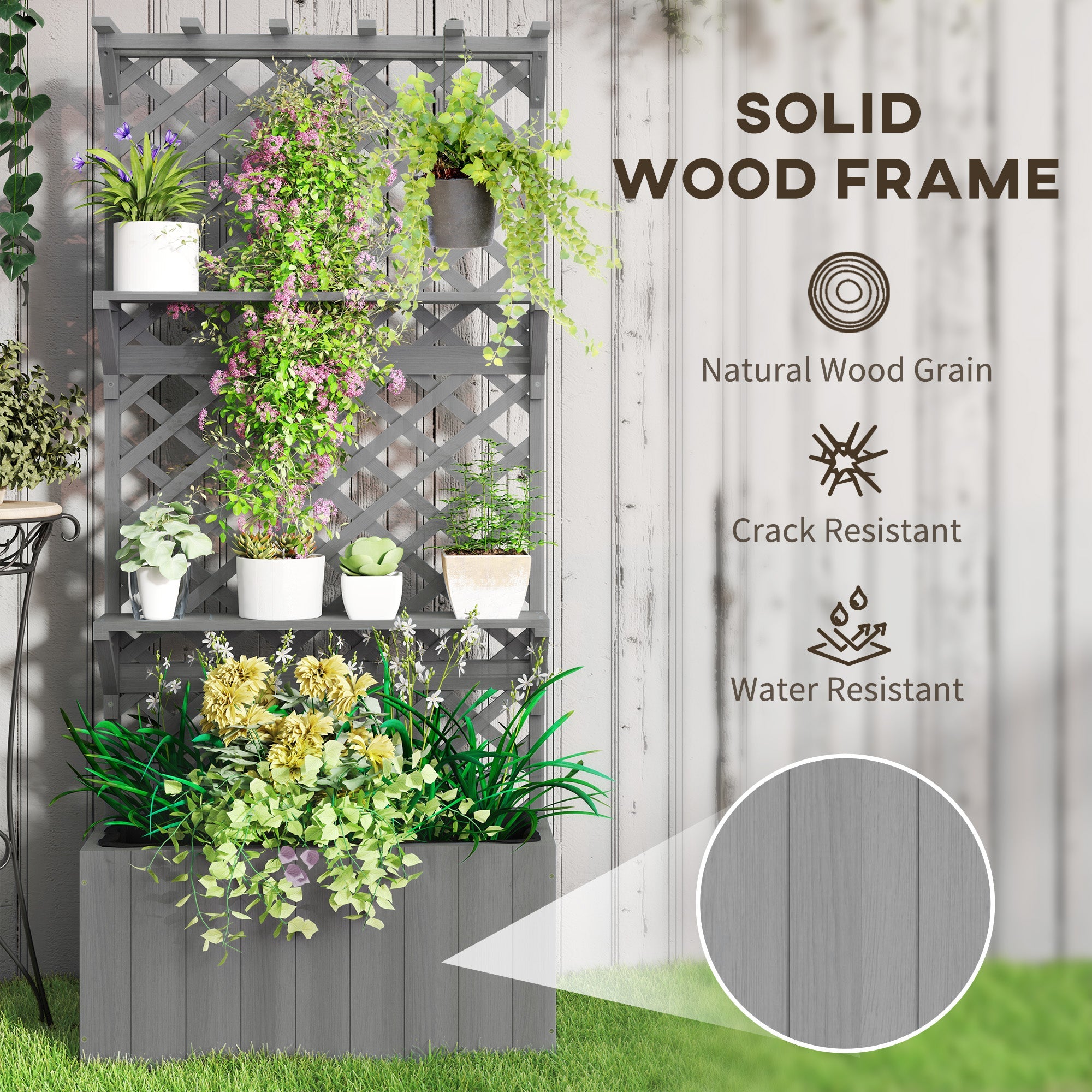Outsunny Raised Garden Bed, Wooden Planter with Trellis, Hanging Roof, Plant Shelf, Drainage Holes and Bed Liner, Grey