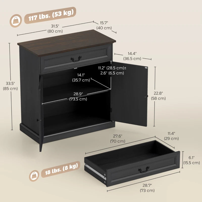 Buffet Cabinet, 32" Farmhouse Sideboard with Thick Top, Quiet Drawer and Adjustable Shelf, Black Wood Grain
