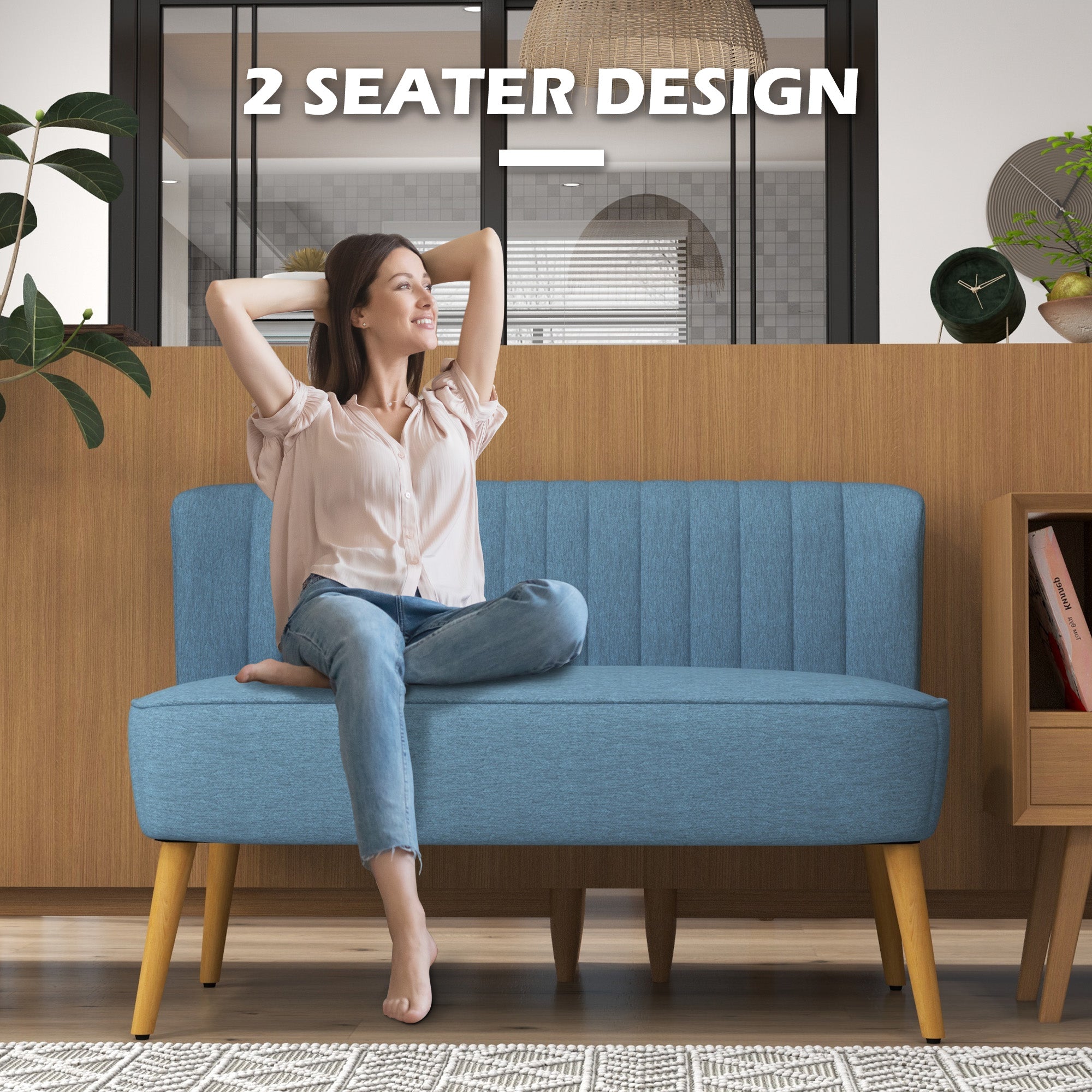 HOMCOM Modern 2 Seat Sofa for Bedroom, Upholstered Two Seater Couch with Rubber Wood Legs, Blue