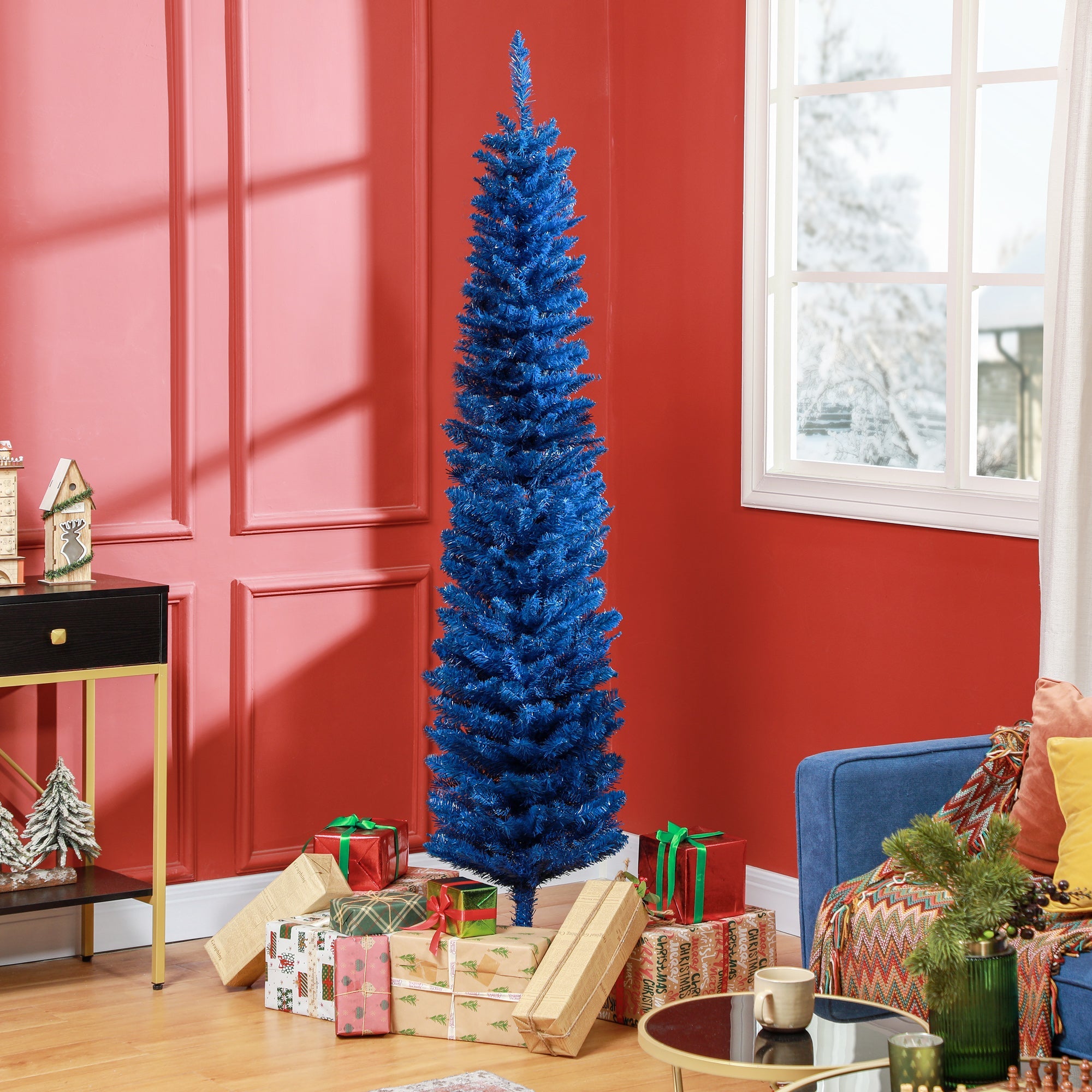 HOMCOM 7ft Artificial Christmas Tree, Pencil Christmas Tree for Xmas Holiday Decor, Deep Blue