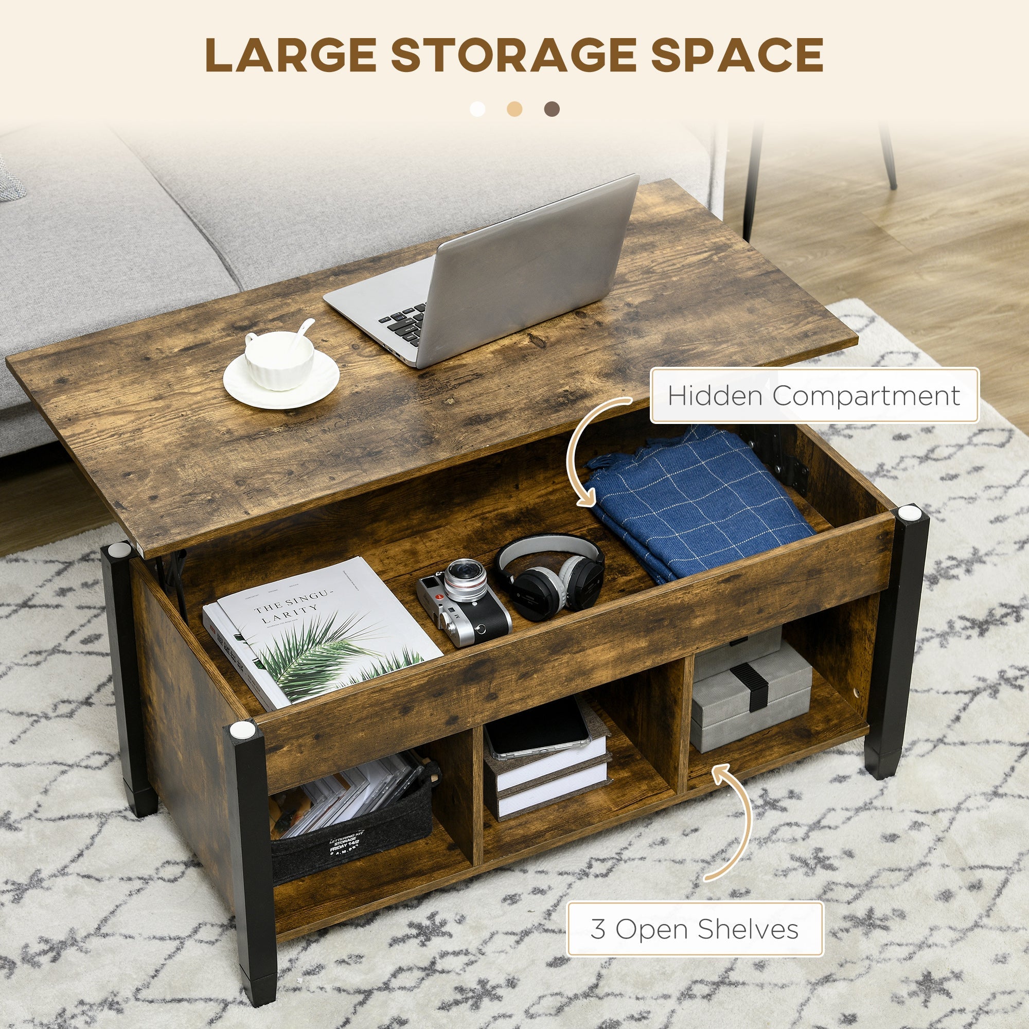 HOMCOM Rustic Lift-Top Retreat: Coffee Table with Hidden Storage, 3 Lower Shelves, Pop-Up Design in Brown Finish for Living Room