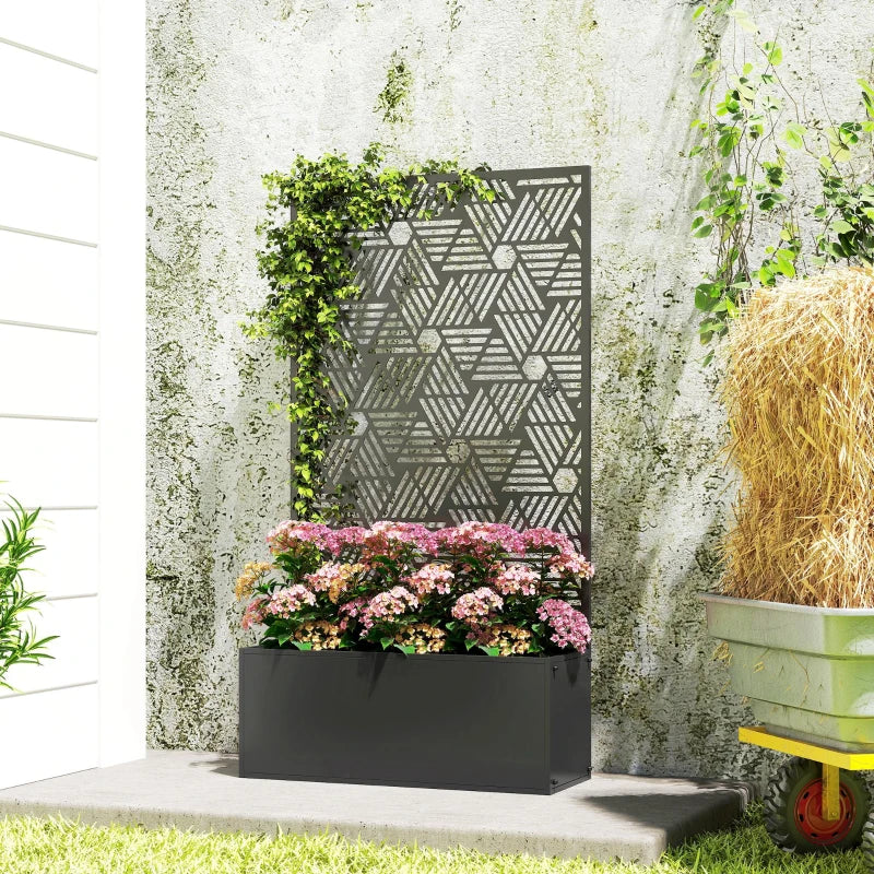 Metal Planter Box with Trellis, 44.5" Tall Raised Garden Bed with Privacy Screen, Hexagon and Line Cut-Out