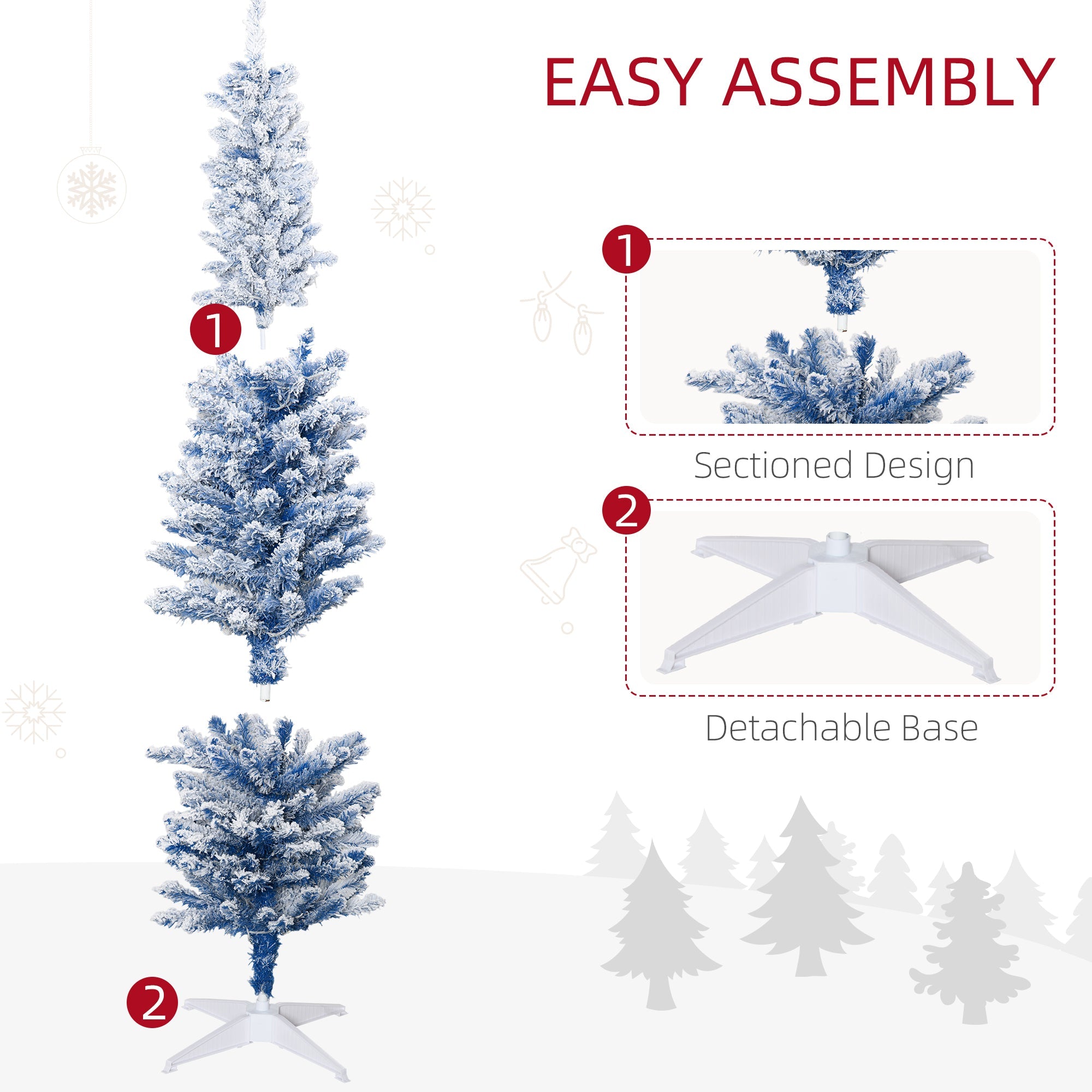 HOMCOM 6ft Blue Snow Flocked Pencil Christmas Tree, Pre-Lit Artificial Tree with Snowy Branches