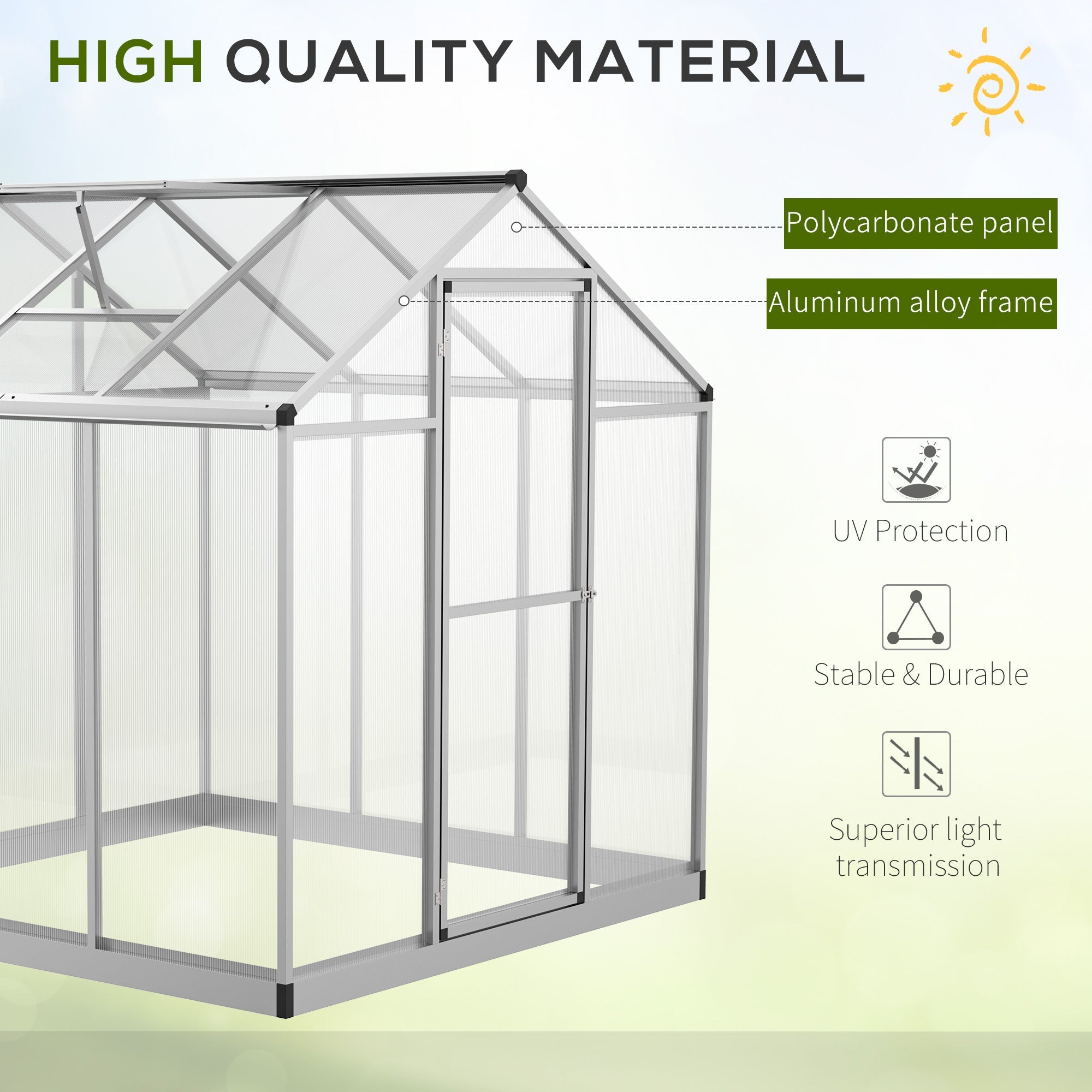 Outsunny Walk-In Greenhouse 6'x6' Polycarbonate Plant Flower Growth Cold Frame Weather Resistant Gardening Planting Growing Clear
