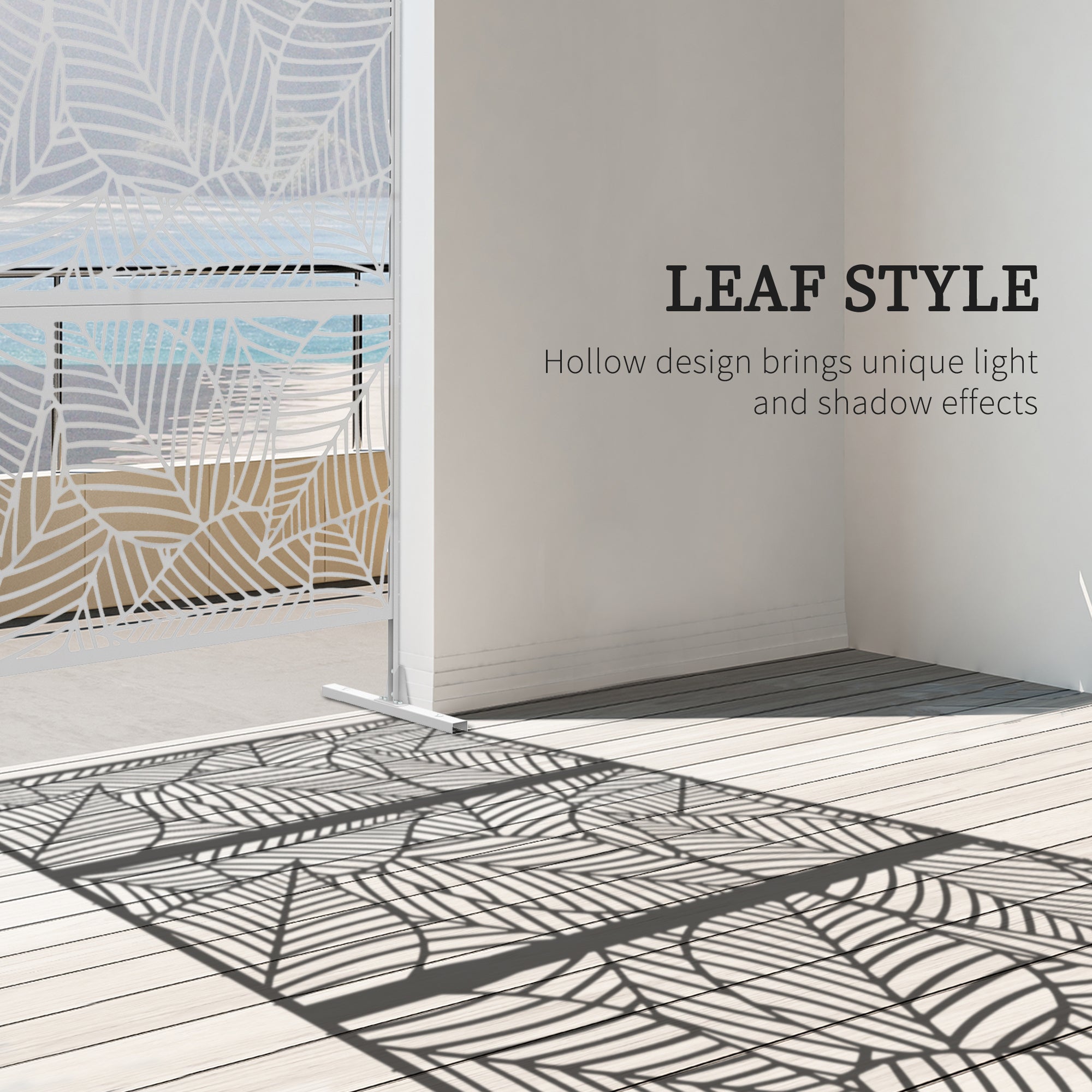 Outsunny 6.5FT Decorative Outdoor Divider, Metal Privacy Screen with Stand, Large Leaf Style, White