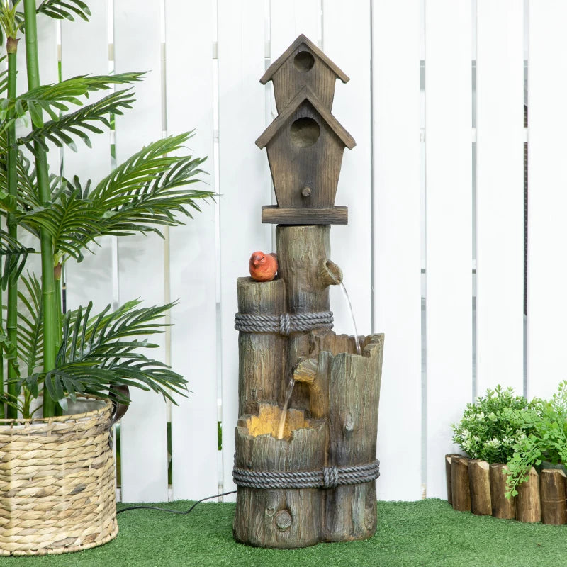 Outdoor Fountain, Garden Waterfall with Birdhouse, 3-Tier Tree Trunk Design, LED Lights for Porch, Deck, Yard, Brown