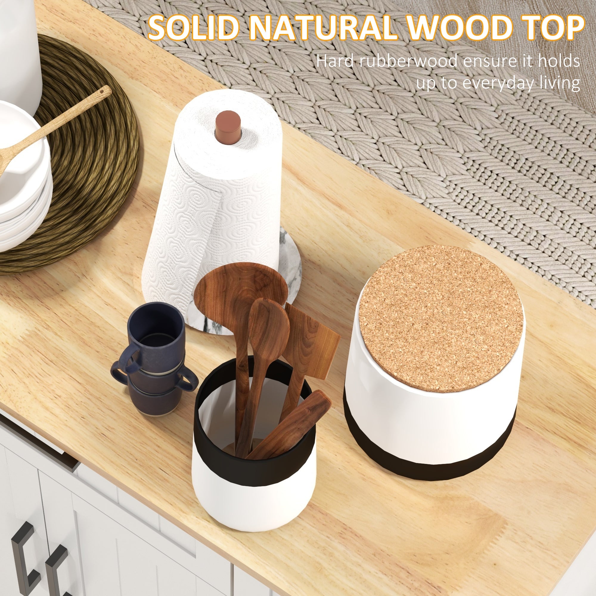 HOMCOM Modern Movable Meal Prep Station: Rolling Kitchen Island Cart, Drawers, Natural Wood Top, Towel Rack, Door Cabinet, White Finish