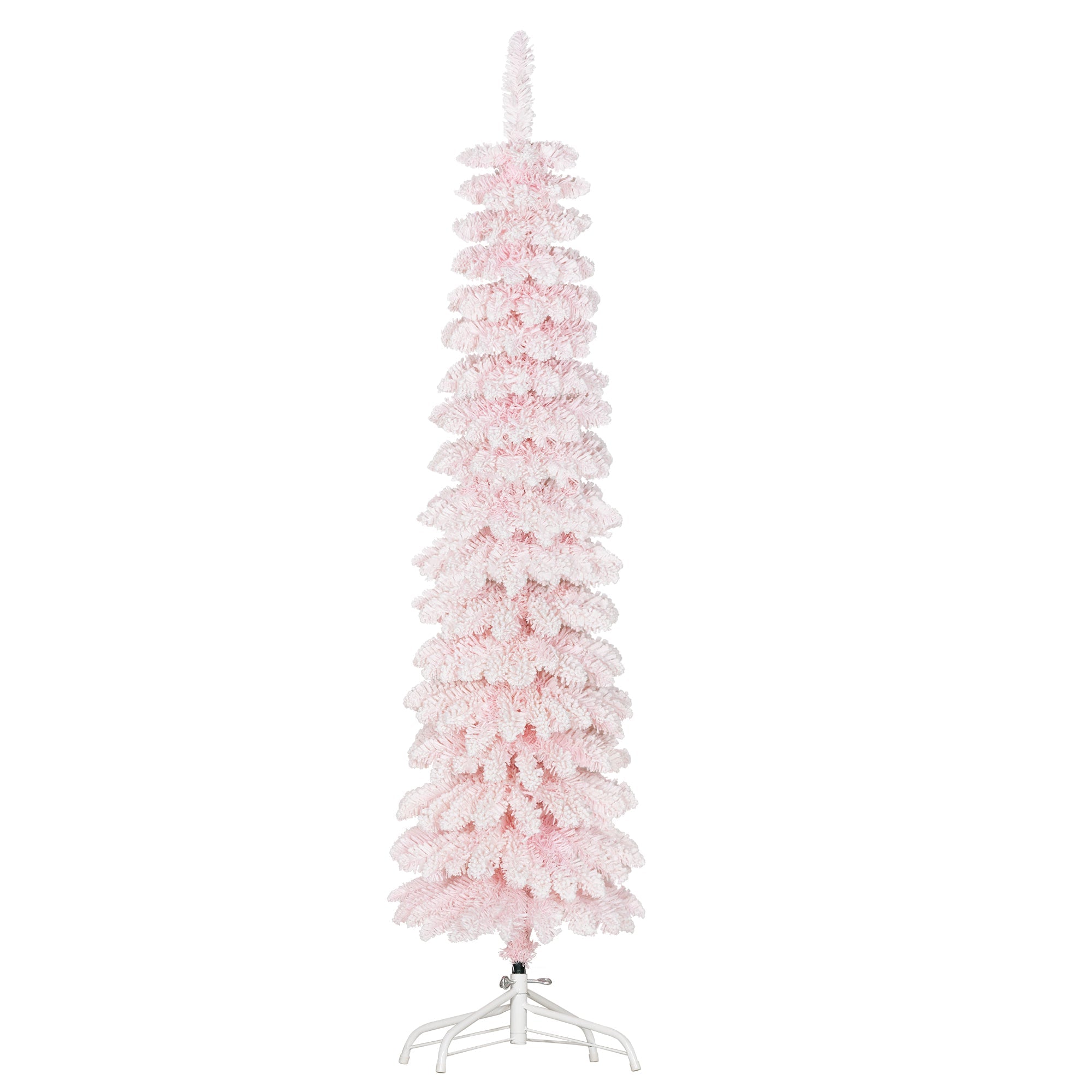 HOMCOM 5ft Snow-Flocked Artificial Christmas Tree, Slim Pencil Xmas Tree with 301 Realistic Branches, Metal Base, Pink