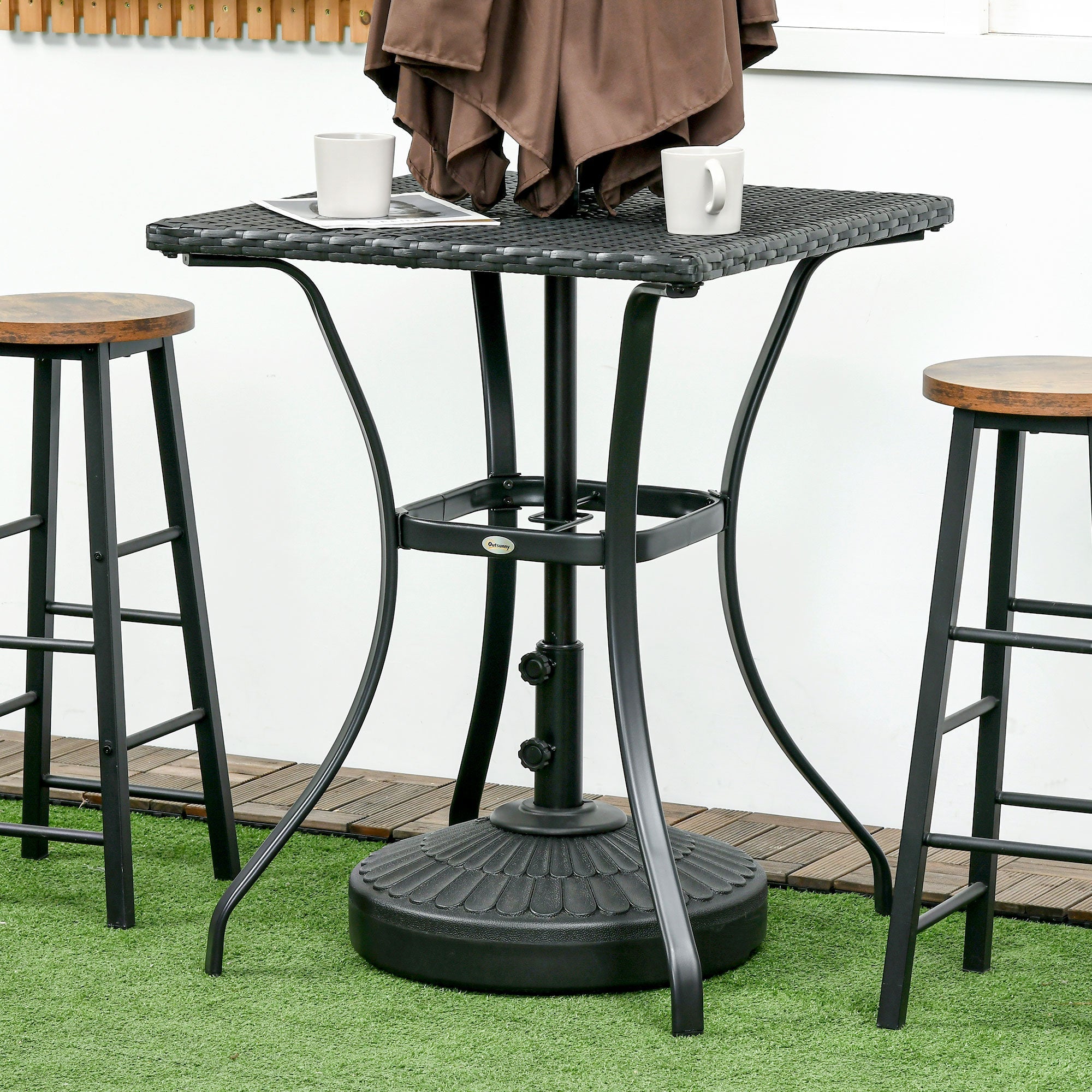 Outsunny Black Wicker Patio Panache: Outdoor Rattan Coffee Table with Umbrella Hole, Plastic Board Top