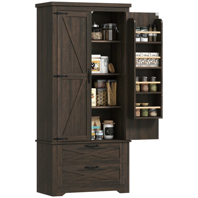 64" Farmhouse Kitchen Pantry Storage Cabinet, two 4-tier door shelves for spice bottles with 2 Drawers, Adjustable Shelf, Distressed Dark Brown