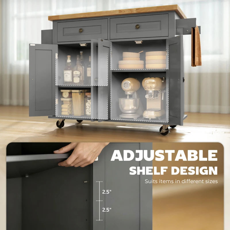 Kitchen Island with Storage, Rolling Trolley Cart with Rubber Wood Top, Spice Rack, Towel Rack, 2 Locking Brakes,Grey