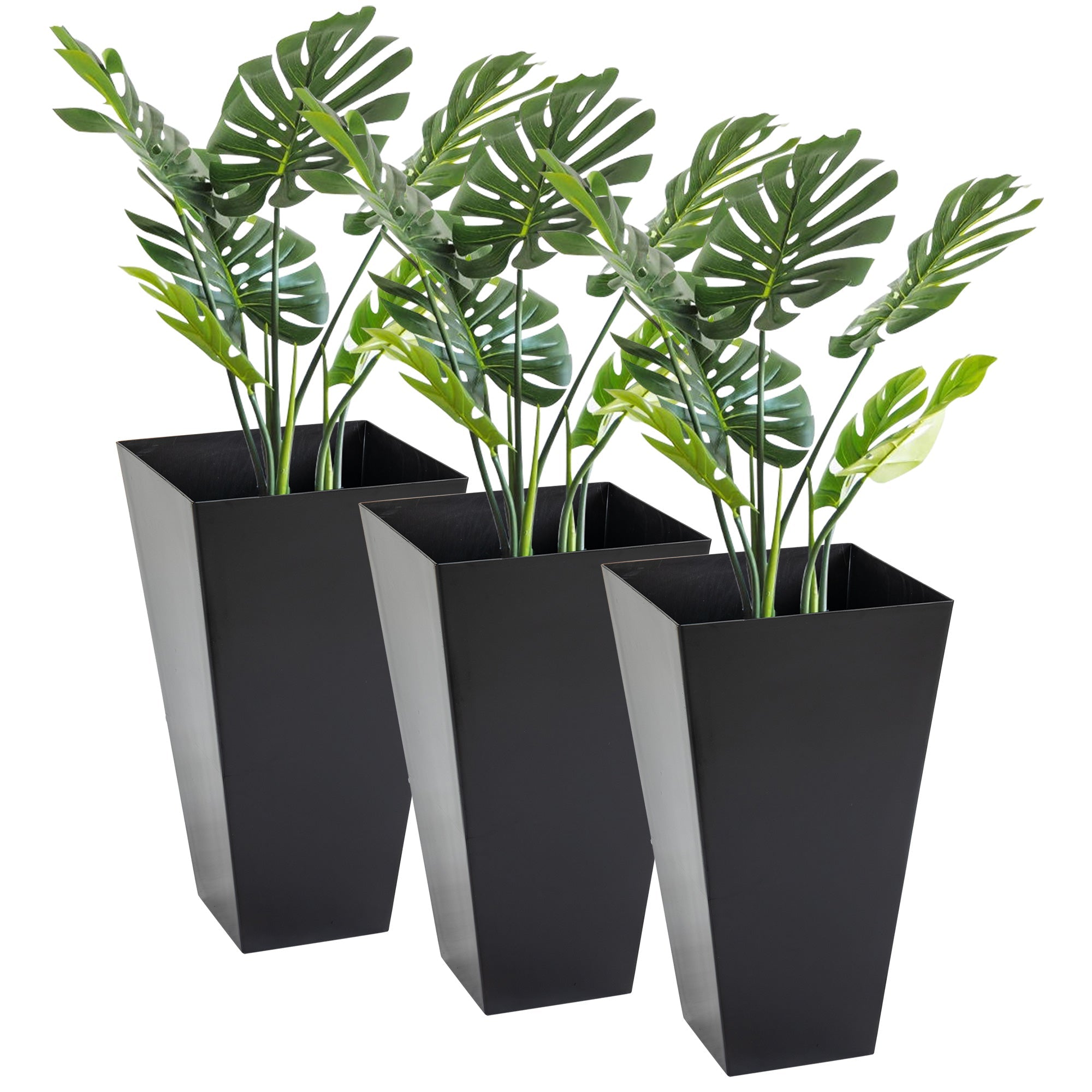 Outsunny Tall Garden Planters 28" Set of 3 Black Plastic Flower Pots for Outdoor & Indoor Stylish Entryway & Patio Decor