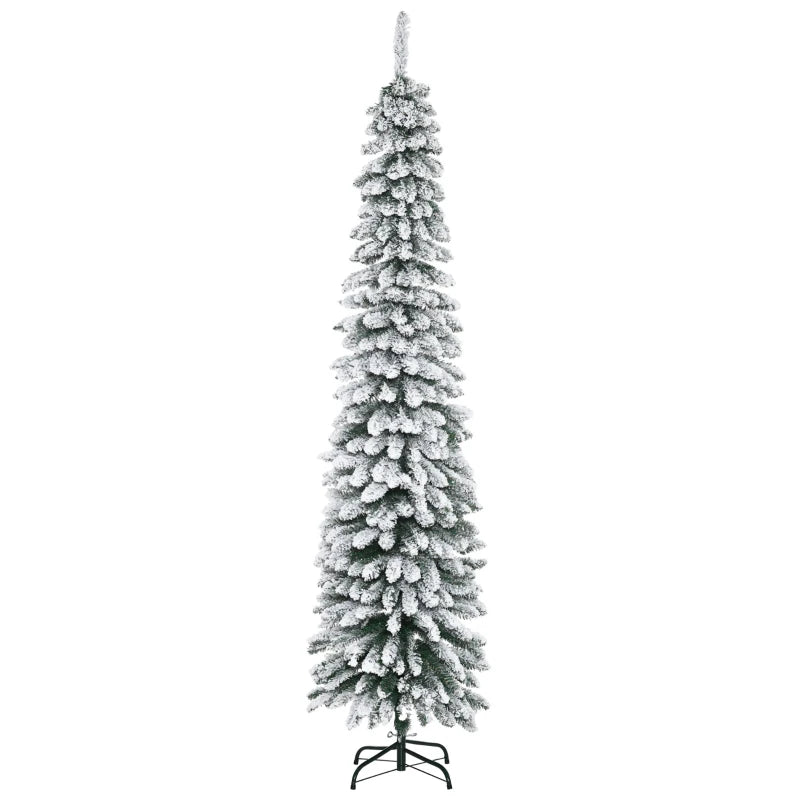 HOMCOM 7ft Snow-Flocked Artificial Christmas Tree – Slim Pencil Design, 490 Realistic Branches, Metal Base, Green