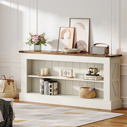 63" Modern TV Stand for Up to 75" TVs, Farmhouse Entertainment Center Media Console with Open Shelves Rustic White & Brown