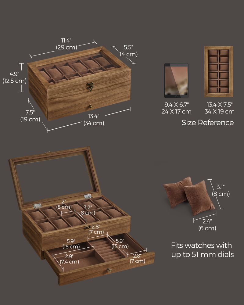 SONGMICS 8 & 12-Slot Watch Box with Large Glass Lid