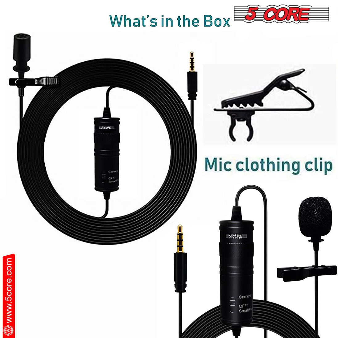 5Core Lavalier Microphone Clip On Professional Grade 3.5mm Lapel Mic Omnidirectional Lav Mic