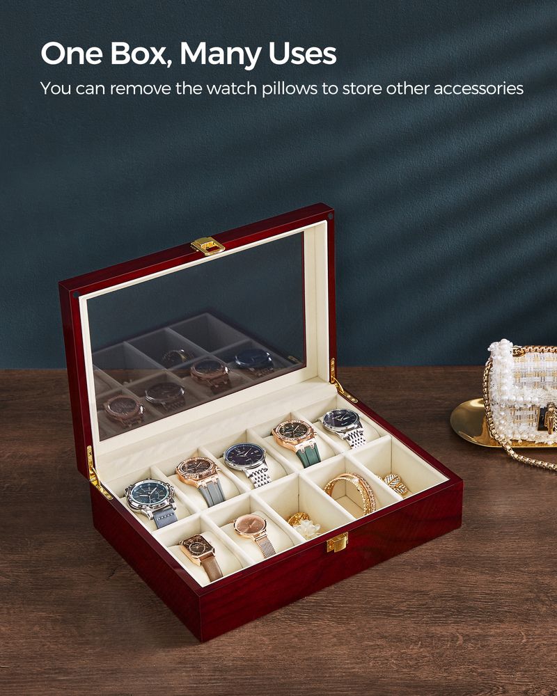 SONGMICS 10-Slot Watch Case with Large Glass Lid