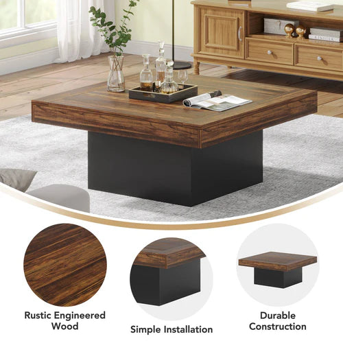 Square Coffee Table 35.4" Farmhouse Wood Cocktail Table with LED Light and Sturdy One-Leg Design Rustic Brown