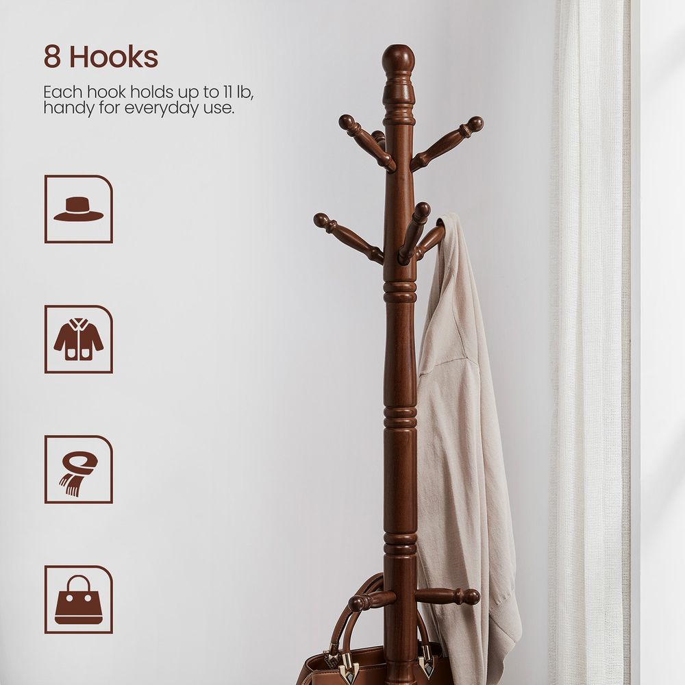 VASAGLE Solid Wood Coat Rack and Stand with 10 Hooks