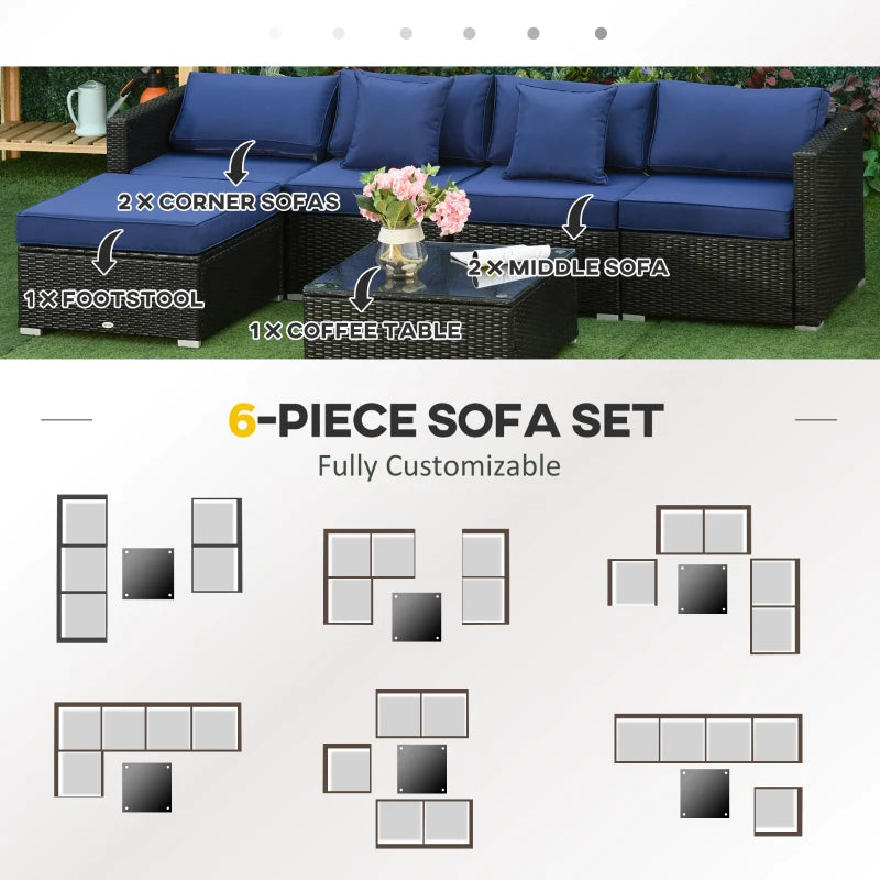 Outsunny 6 Pieces Outdoor PE Rattan Wicker Patio Furniture Sofa Set with Thick Cushions, Deluxe Garden Sectional Couch with Glass Top Table, Black and Dark Blue