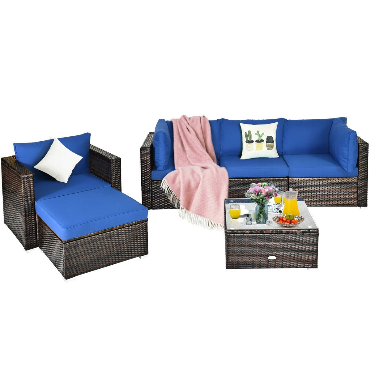 6 Pieces Patio Rattan Furniture Set with Sectional Cushion-BlueÂ