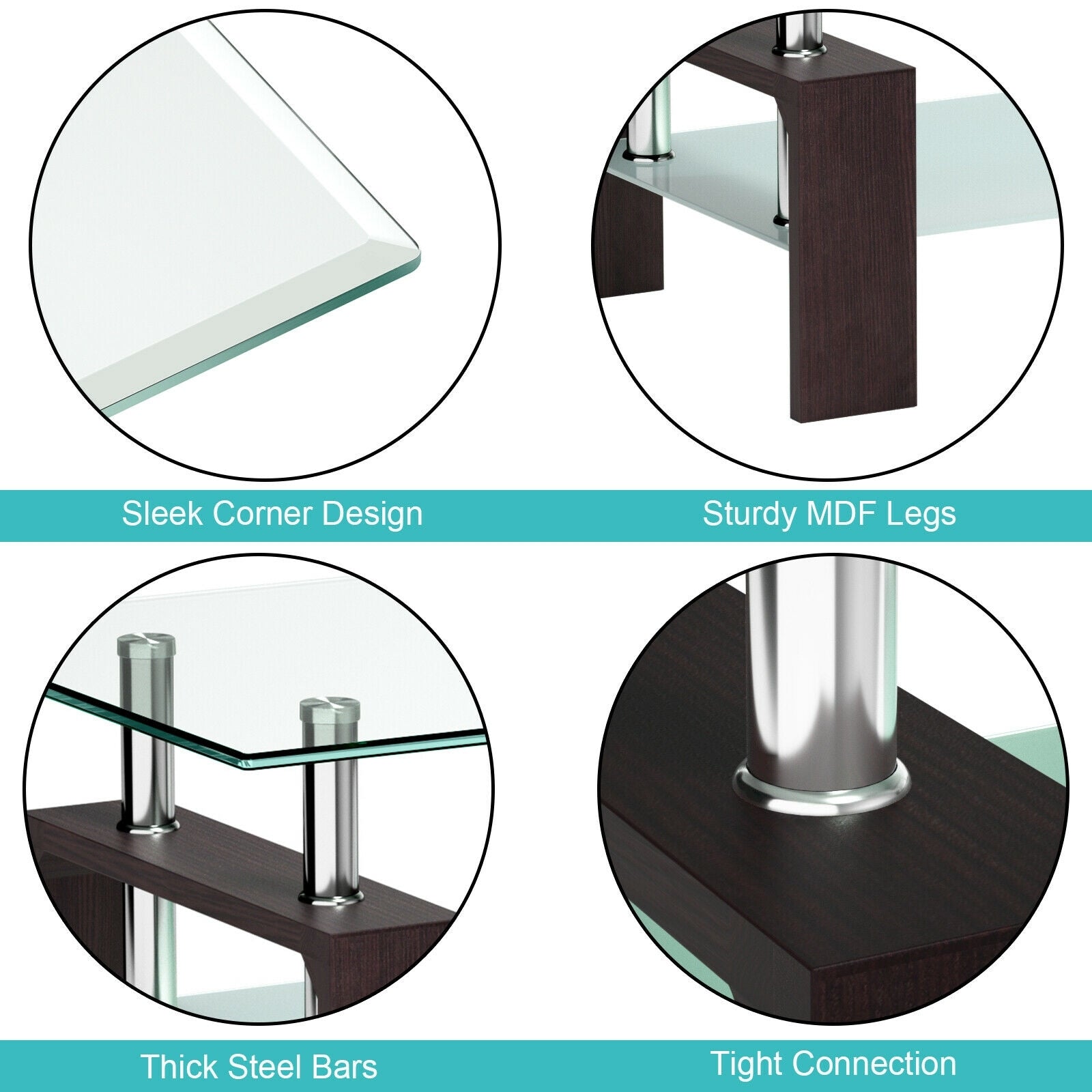 Rectangular Tempered Glass Coffee Table with Shelf-BrownÂ