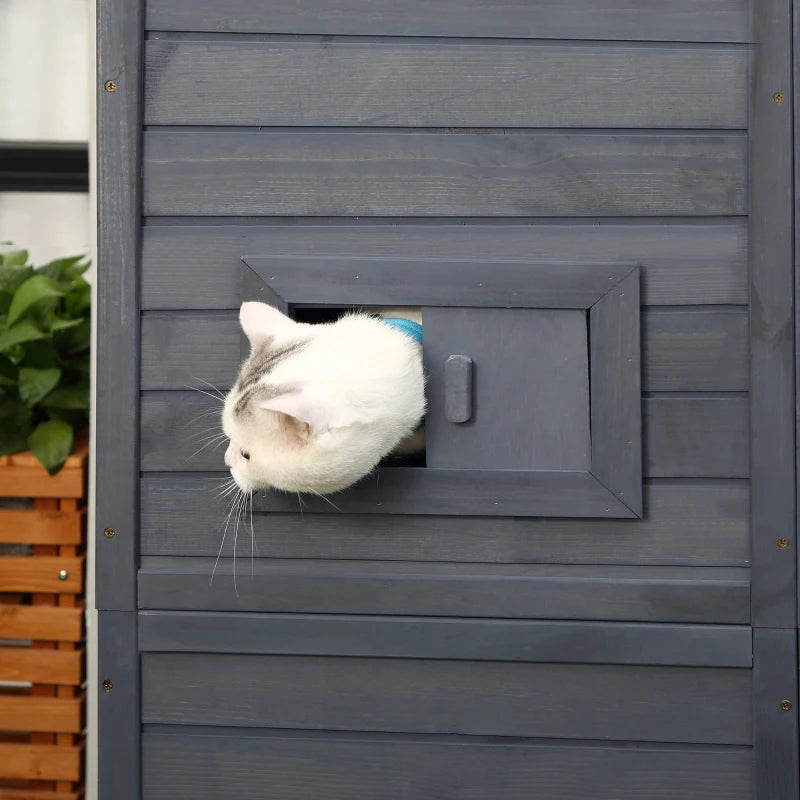 PawHut Outdoor Wooden Catio with 4 Tier Main House, Ramp, Platforms, Asphalt Roof, Ramps, Sliding Door, Window, Grey