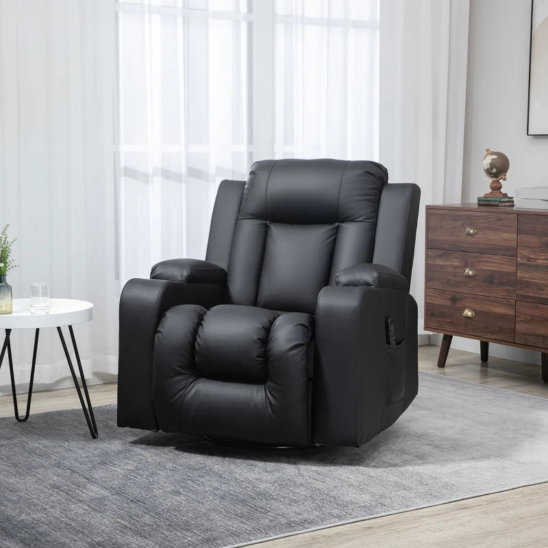 HOMCOM Massage Recliner Chair for Living Room with 8 Vibration Points, PU Leather Manual Reclining Chair with Cup Holders, Swivel Base, Rocking Function, Black