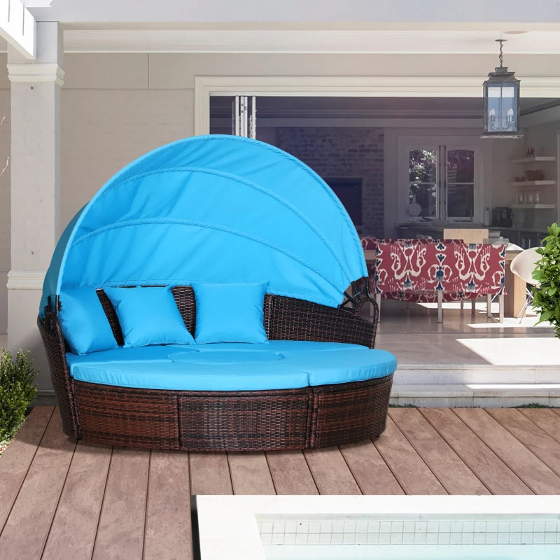 Outsunny 4 Pieces Outdoor Daybed with Retractable Canopy, PE Rattan Wicker Round Sofa Day Bed, Patio Sectional Conversation Furniture Set with Cushions and Pillows, Light Blue